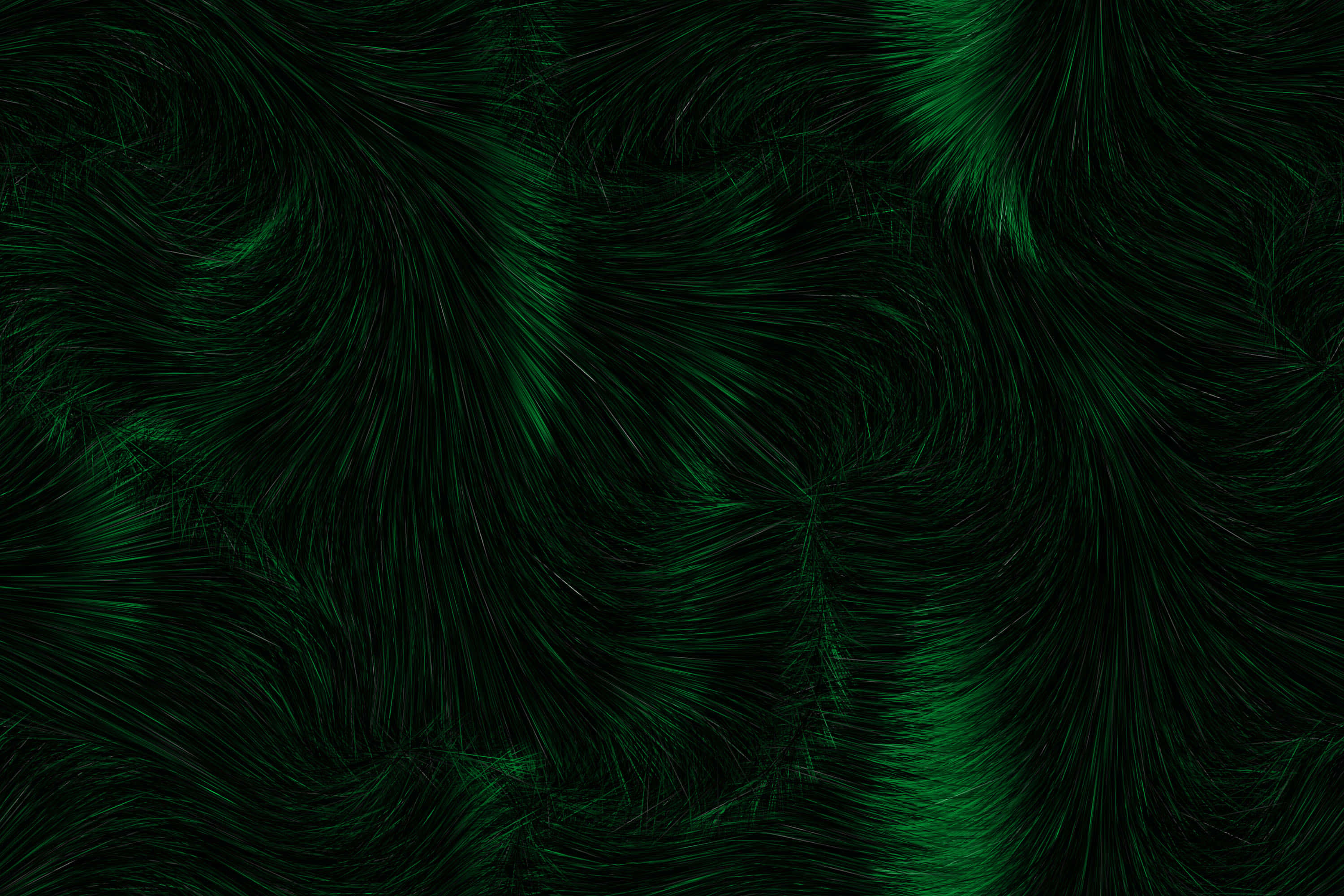 Green Texture 桌布 壁紙 — 深綠色發光的纖維狀絲線在黑色背景上盤旋，形成迷人的抽象圖案。