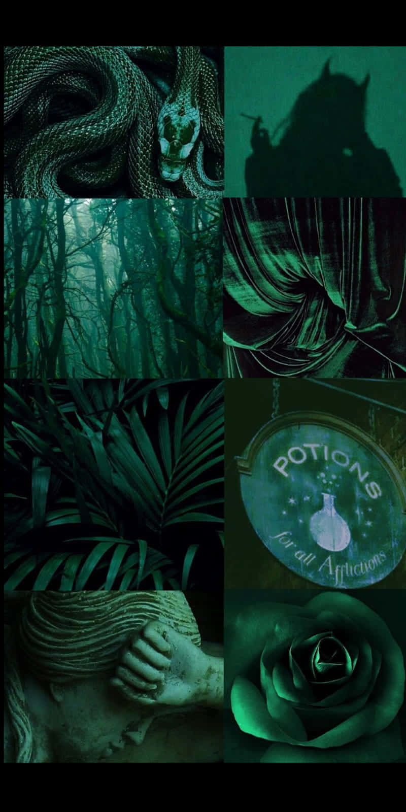 Cute Slytherin 桌布 壁紙 — 深綠色的詭異圖像拼貼，包括一條蜷曲的蛇、陰影蝙蝠、迷霧森林、藥水標誌、玫瑰和被綁的人物。
