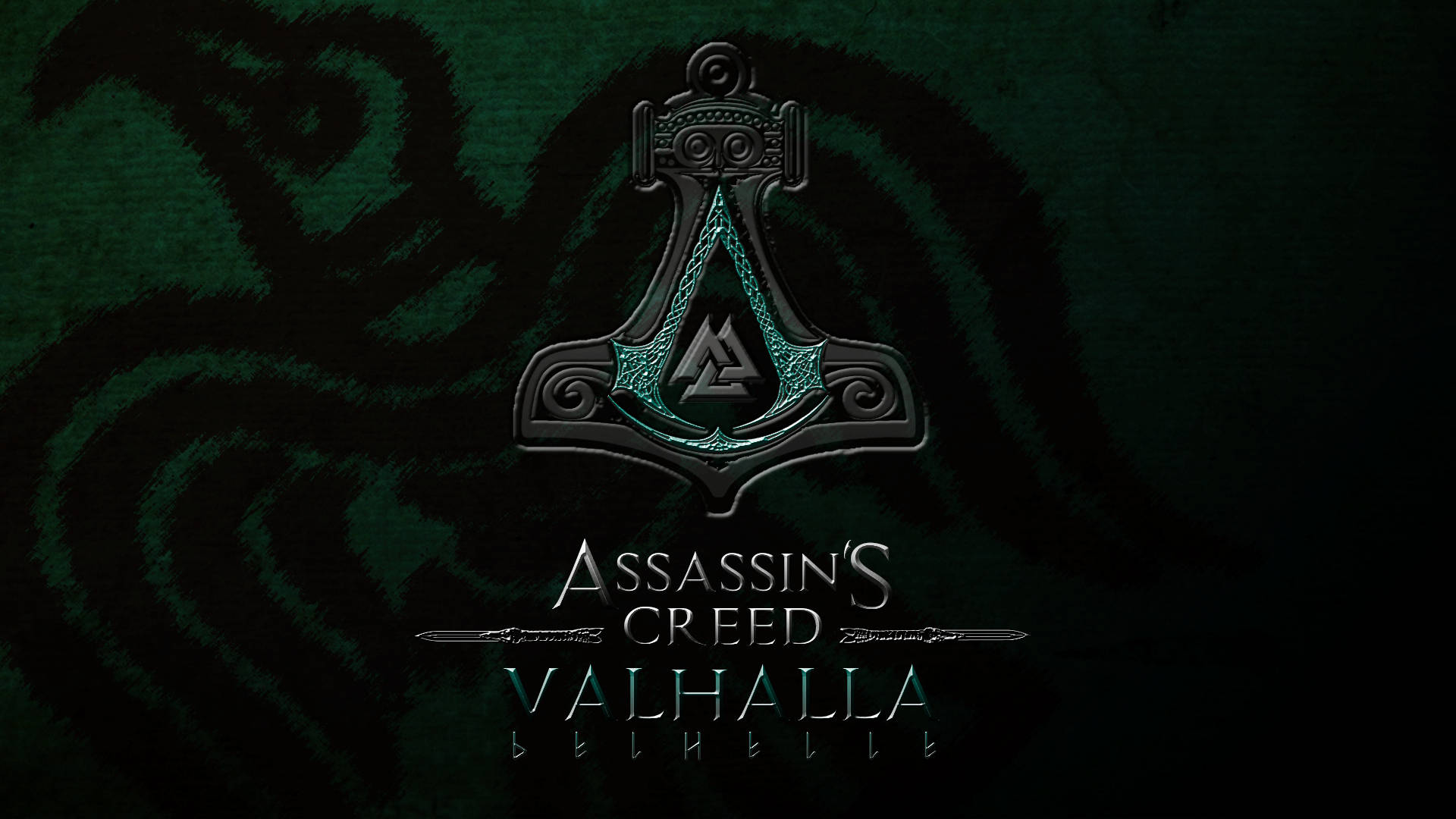 Valhalla 桌布 壁紙 — 深綠色紋理壁紙，帶有 Assassin's Creed Valhalla 標誌、發光的青綠色符文設計和標題文字。