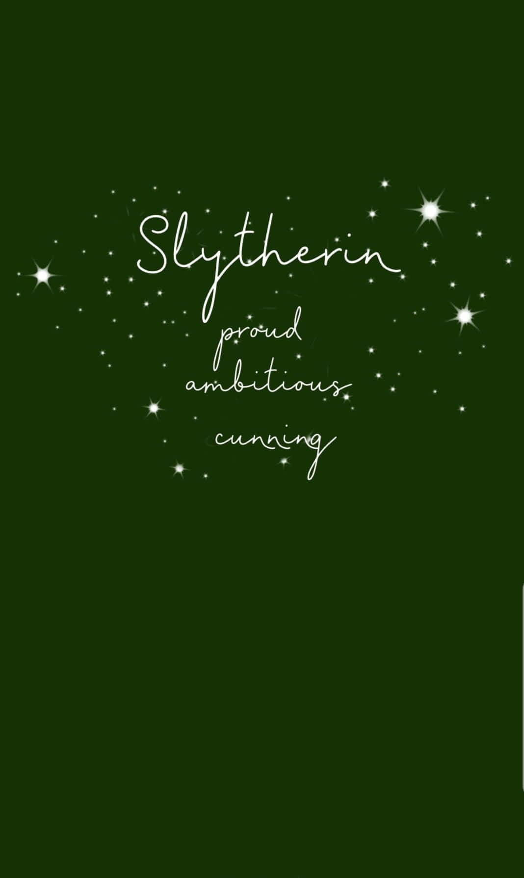 史萊哲林 桌布 壁紙 — 深綠色背景，白色草書文字 Slytherin 驕傲 野心勃勃 狡猾，周圍環繞著閃爍的星星。