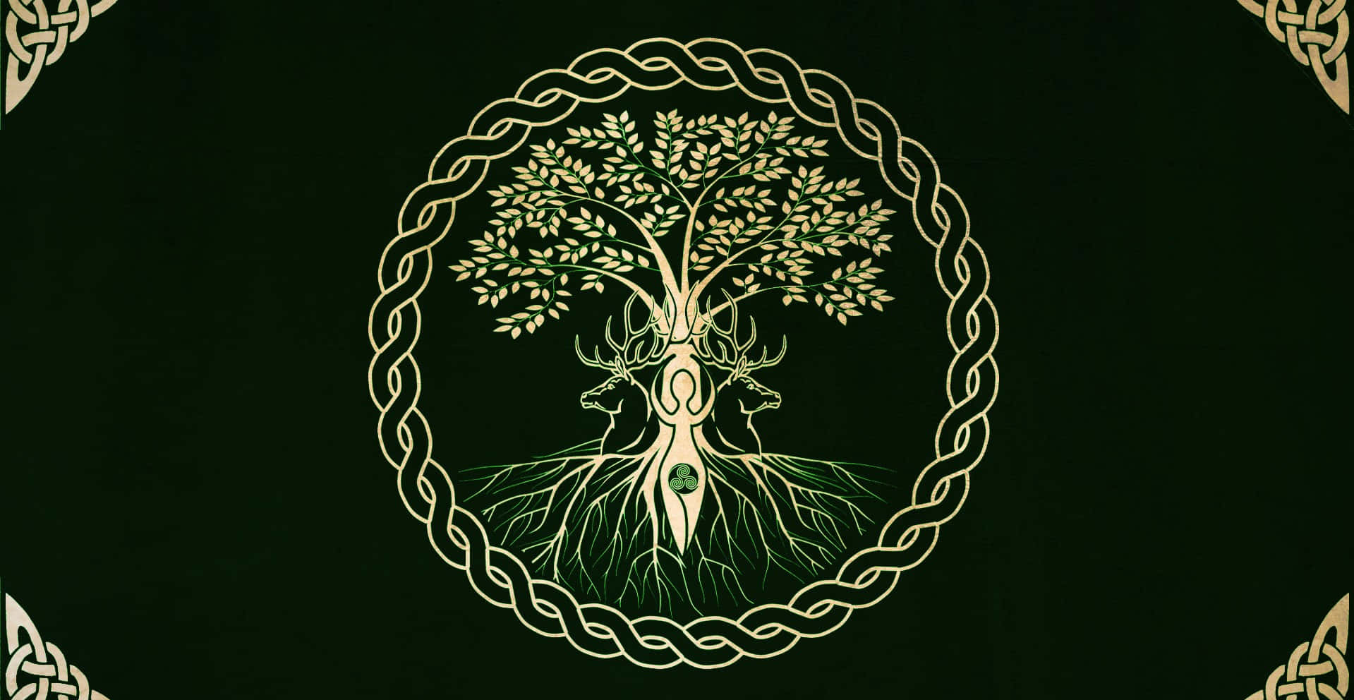 Celtic Irish 桌布 壁紙 — 深綠色背景上，一個帶有鹿頭和複雜結飾的金色凱爾特生命之樹。