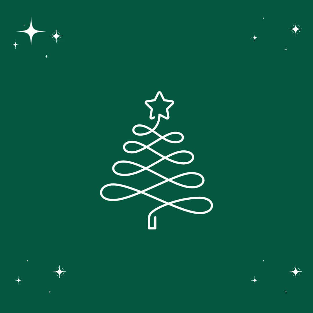 Minimalist Christmas Desktop 桌布 壁紙 — 深綠色背景上，一棵帶有星星樹頂和散落星星的簡約白色線條聖誕樹。