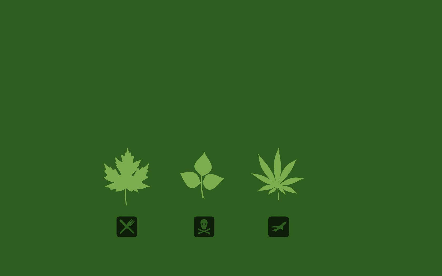 酷炫大麻 桌布 壁紙 — 深綠色背景上三個淺綠色葉子圖標，每個下方有一個黑色符號