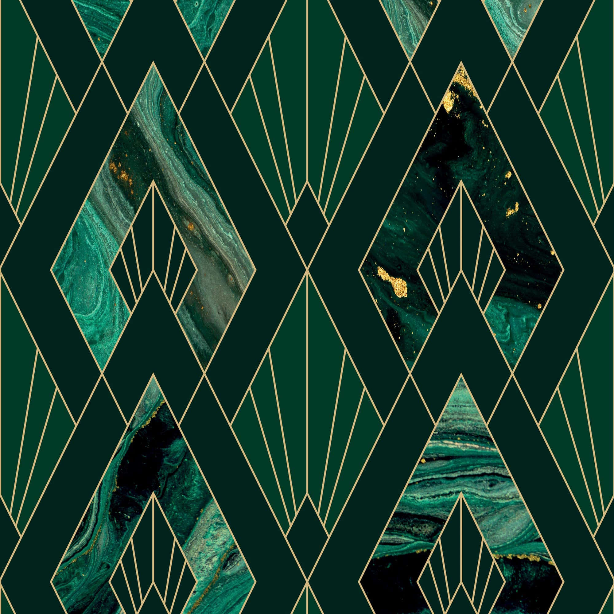 Art Deco iPhone 桌布 壁紙 — 深綠色背景上帶有青綠色大理石和金色線條的幾何鑽石圖案。