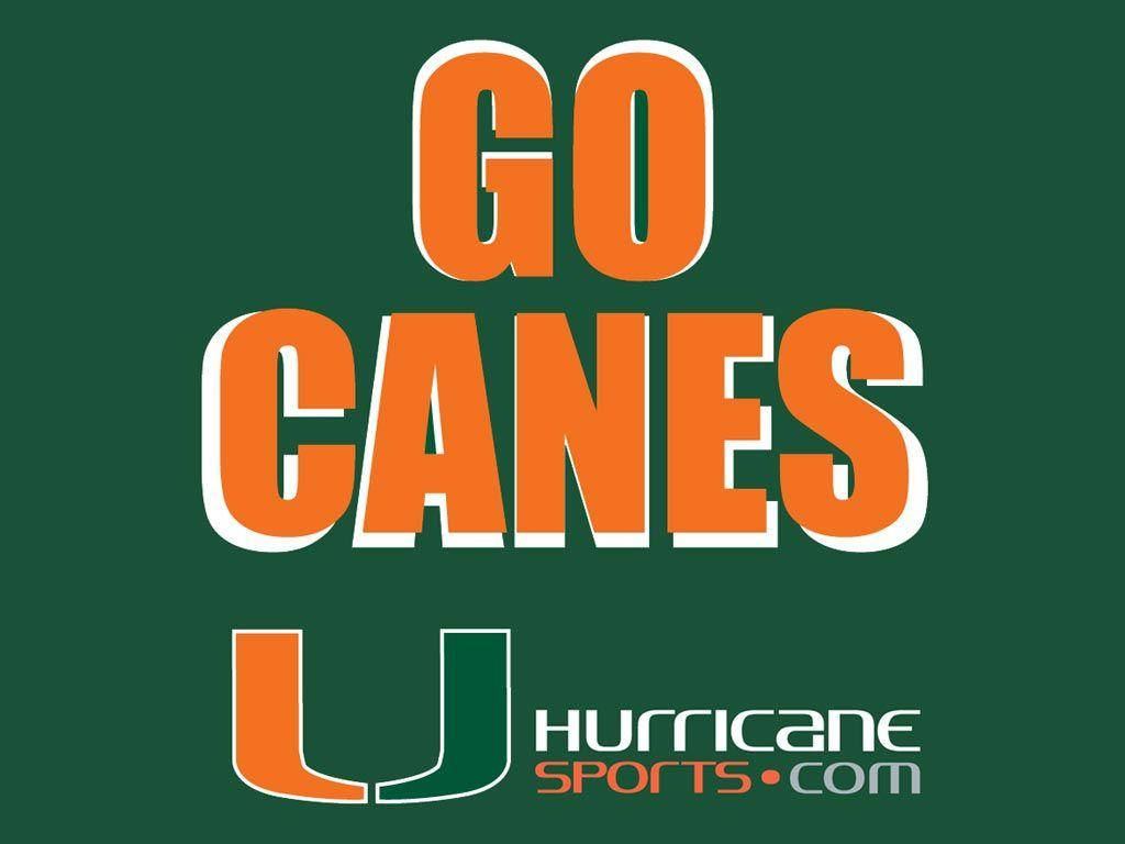 運動 桌布 壁紙 — 深綠色背景上帶白色輪廓的鮮豔橙色「GO CANES」文字，展示邁阿密颶風隊標誌和網站。