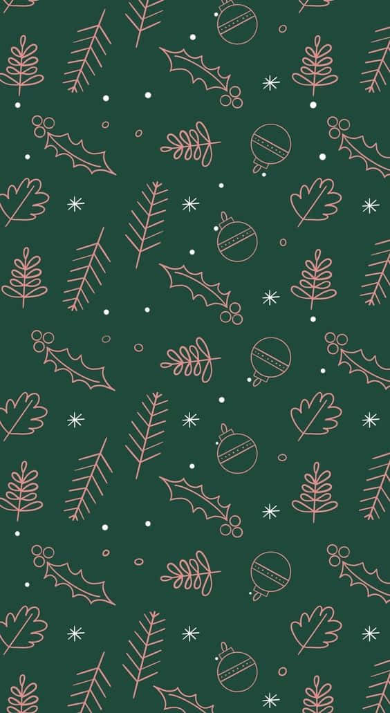 Dark Christmas 桌布 壁紙 — 深綠色背景上散落著粉紅色輪廓的冬青葉、松針和裝飾品的節日圖案。