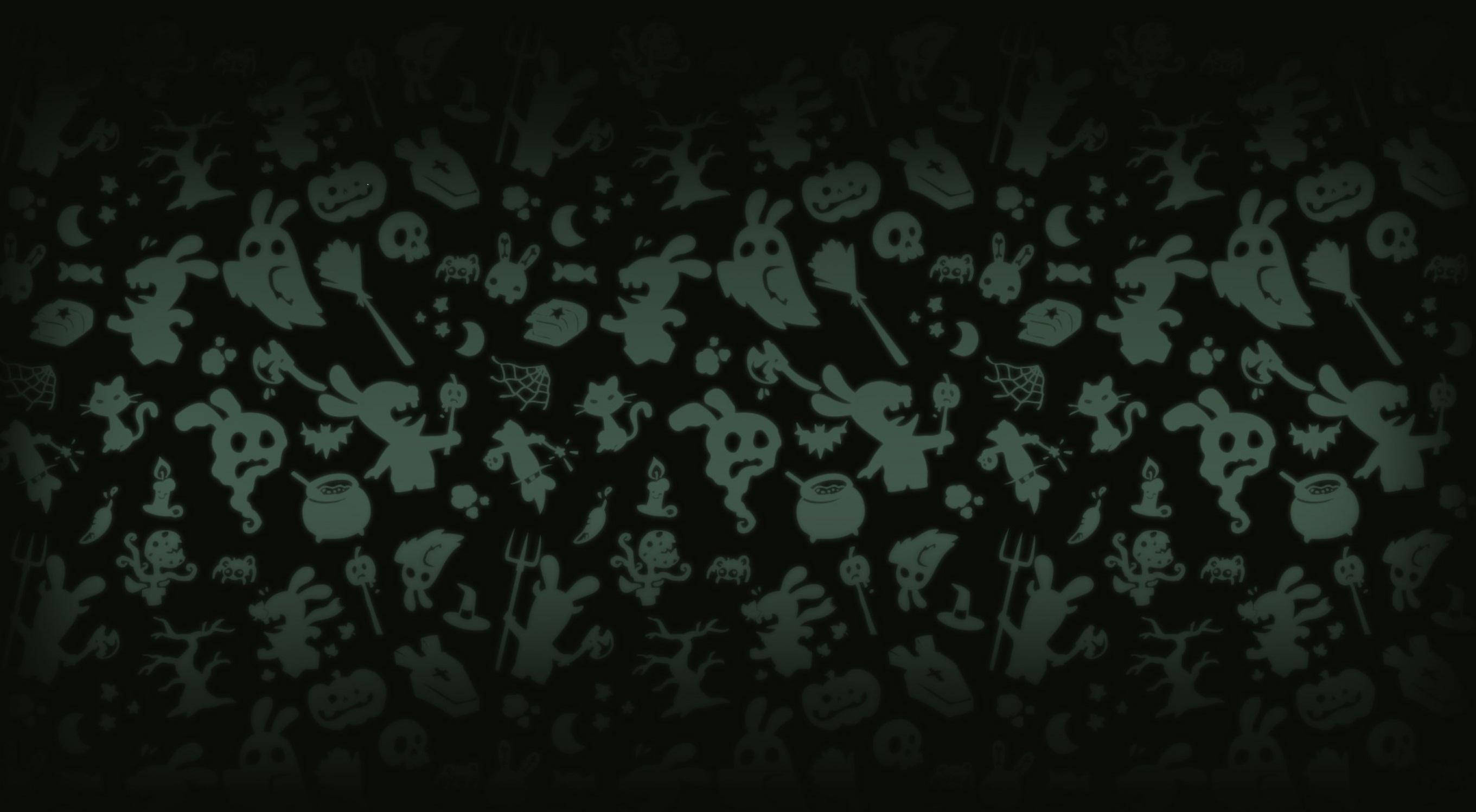 Dark Halloween 桌布 壁紙 — 深綠色萬聖節圖案，包含鬼魂、南瓜、骷髏頭和女巫，背景為黑色。