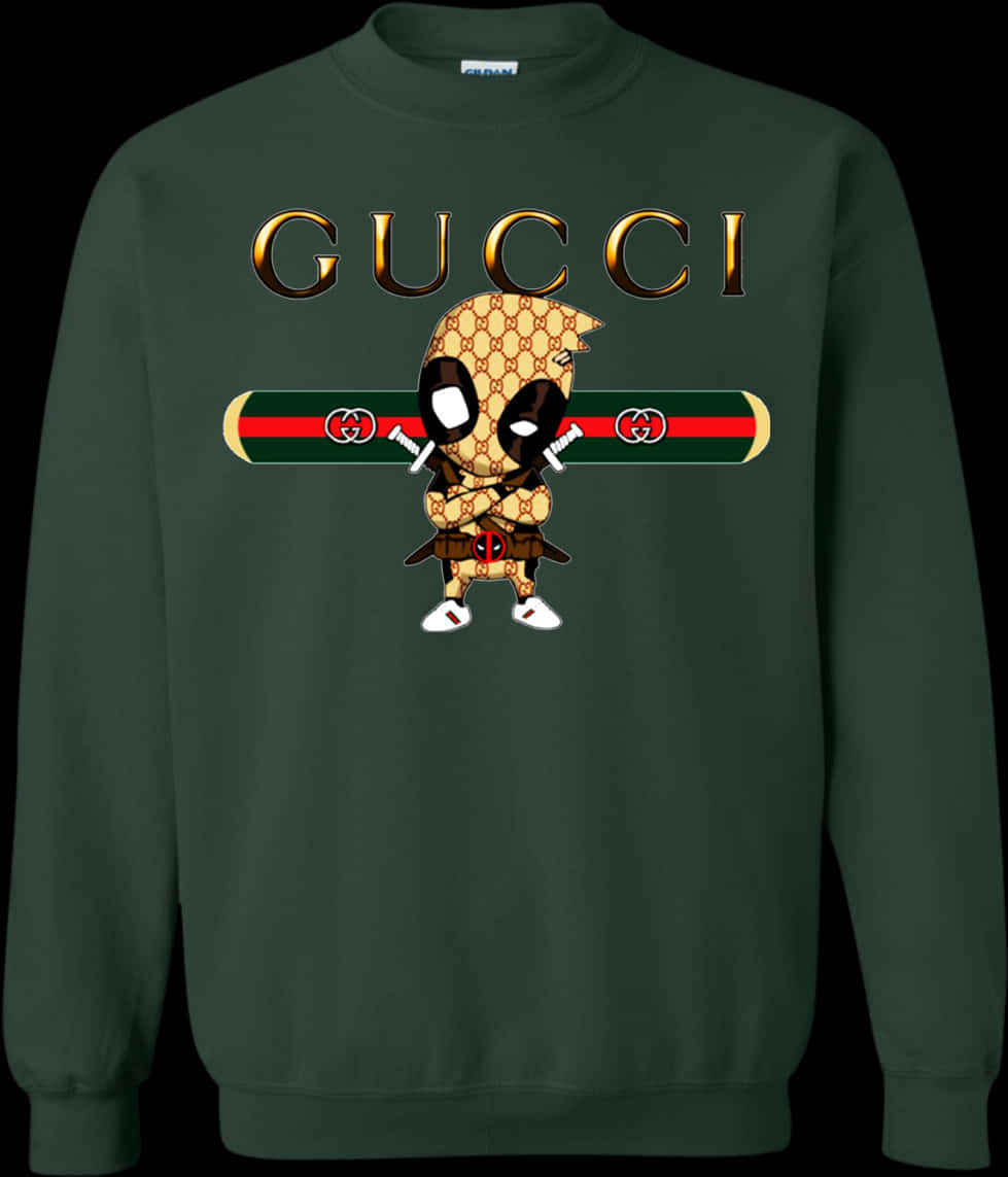 Gucci 桌布 壁紙 — 深綠色連帽衫上有一個Gucci圖案的Q版死侍，在金色Gucci標誌下手持劍。
