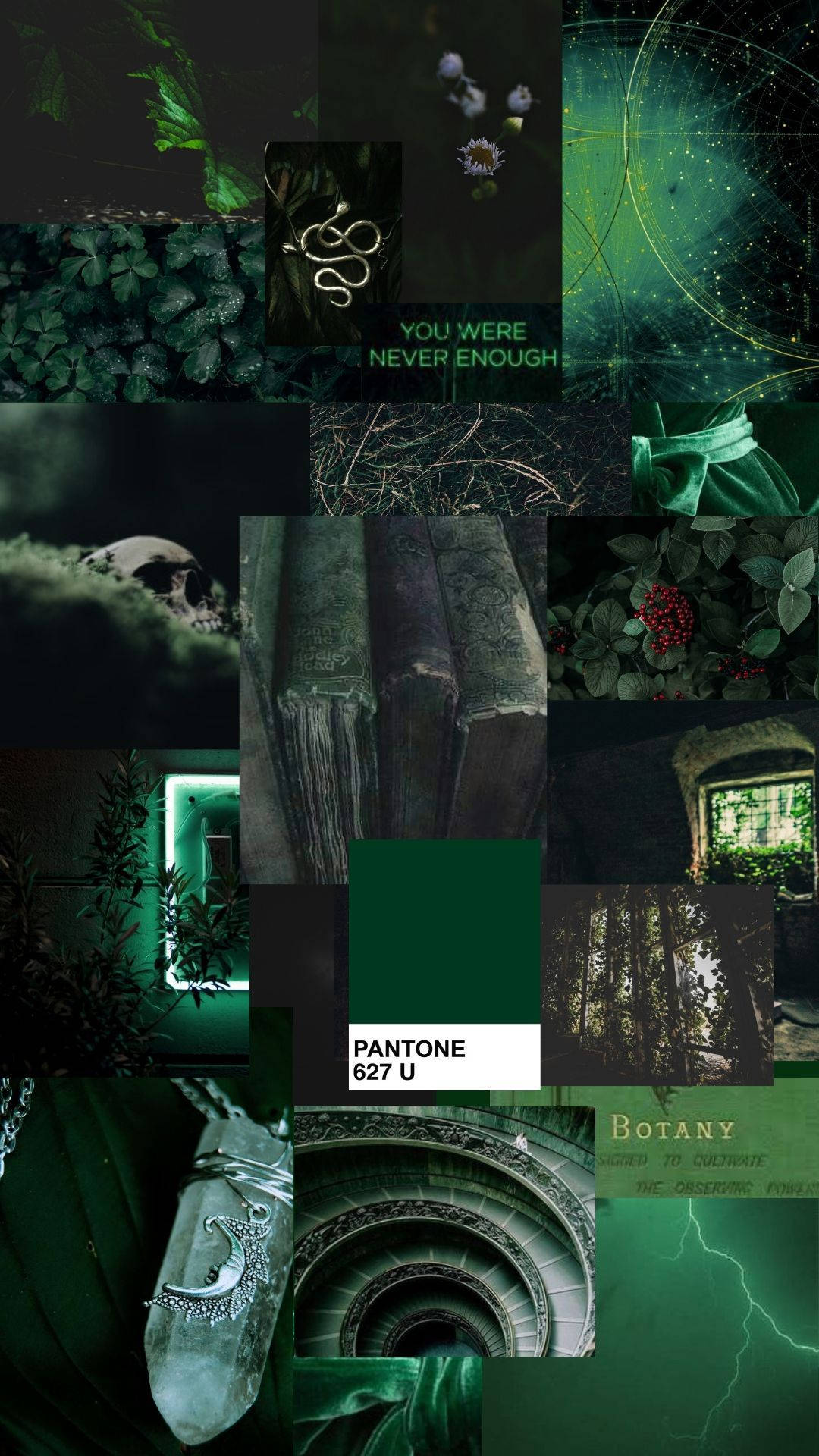 Slytherin Aesthetic 桌布 壁紙 — 深綠色陰鬱拼貼畫， featuring 骷髏頭、書籍、藤蔓和發光文字，附有 Pantone 627 U 色票。