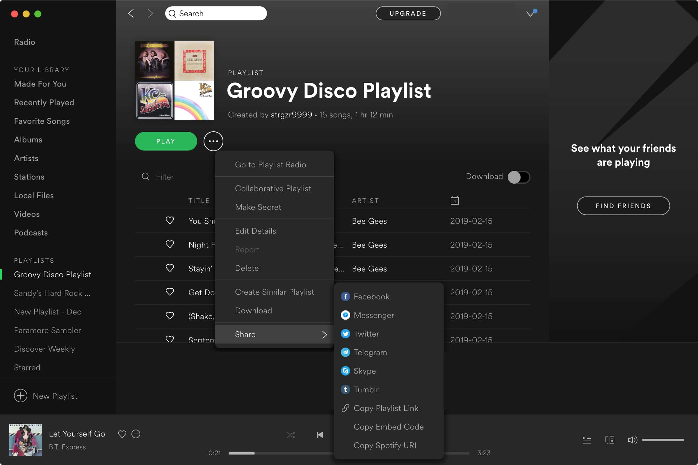 Screenshot 桌布 壁紙 — 深色 Spotify 應用程式介面，在時尚黑色背景上顯示「Groovy Disco Playlist」並開啟分享選項。