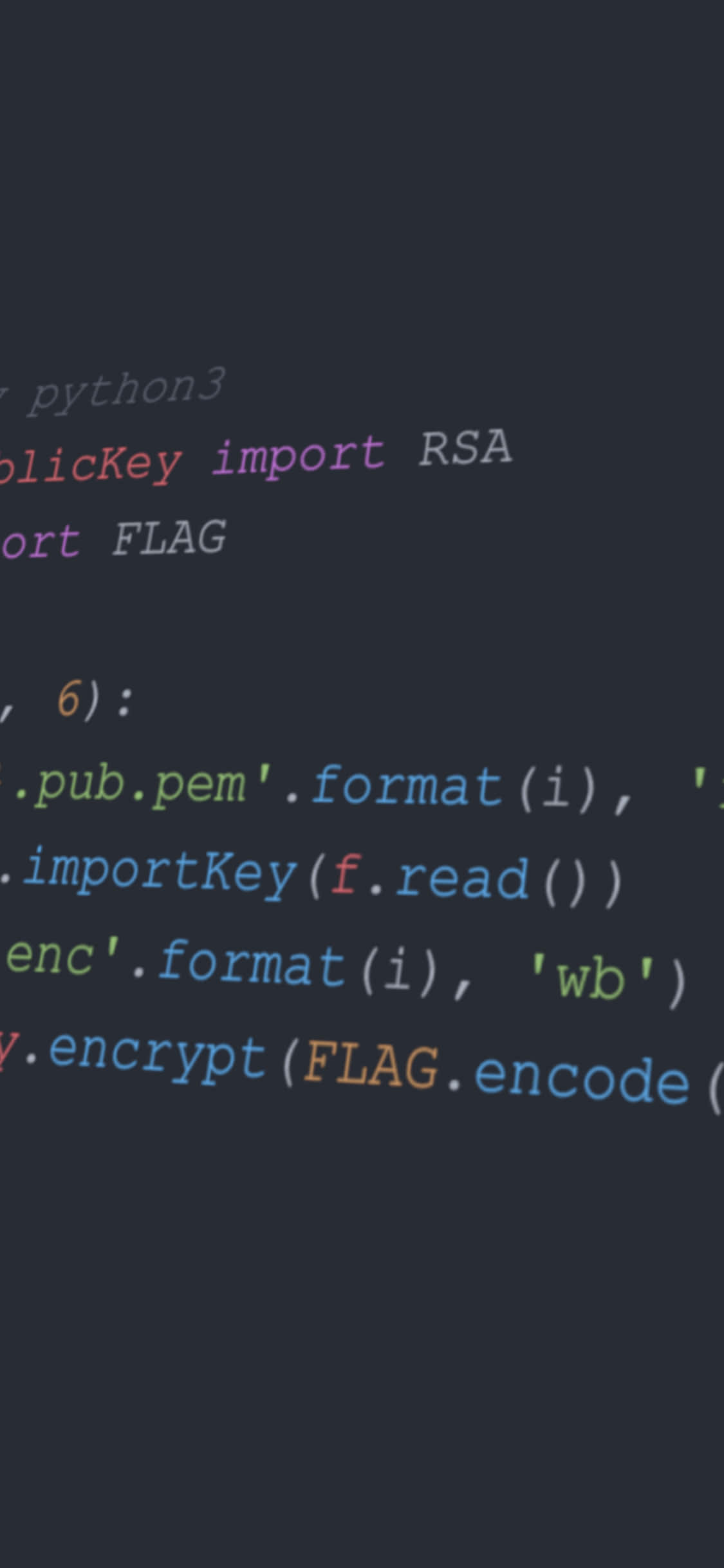 Code iPhone 桌布 壁紙 — 深色主題程式碼編輯器，顯示帶有彩色語法高亮的 Python RSA 加密腳本。