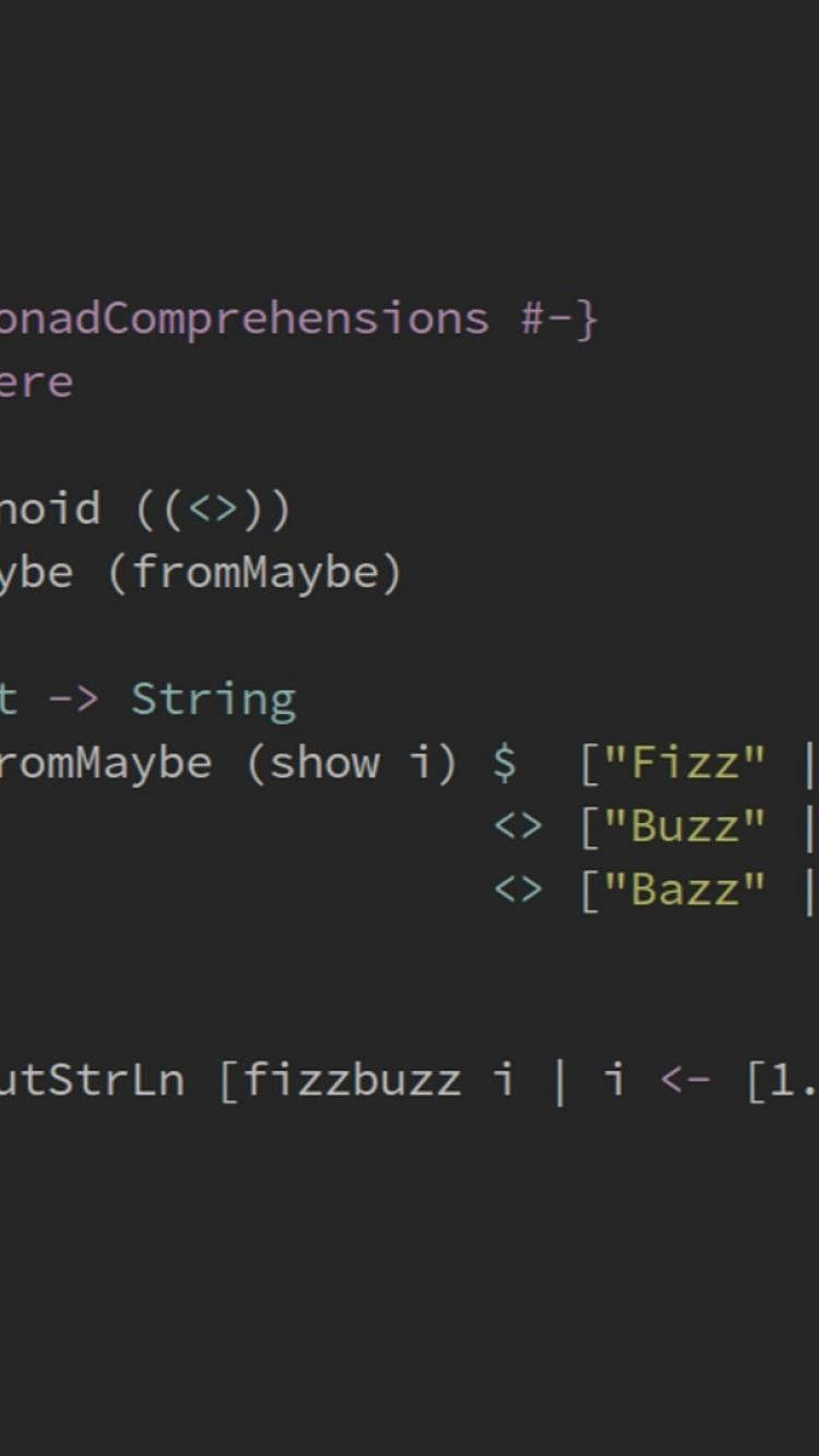 programming iPhone 桌布 壁紙 — 深色主題程式碼編輯器，顯示帶有語法高亮的 Haskell FizzBuzz 實作。