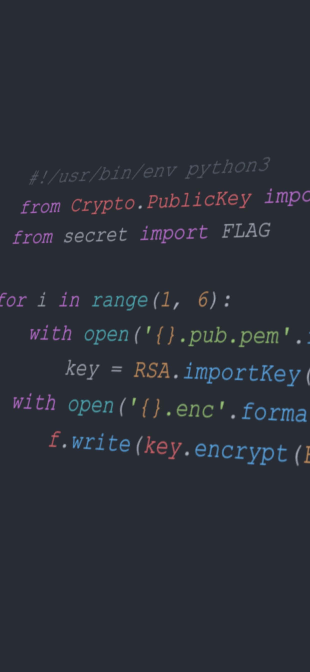 彩色動圖 桌布 壁紙 — 深色主題程式碼編輯器顯示用於RSA加密的Python腳本，帶有彩色語法高亮。