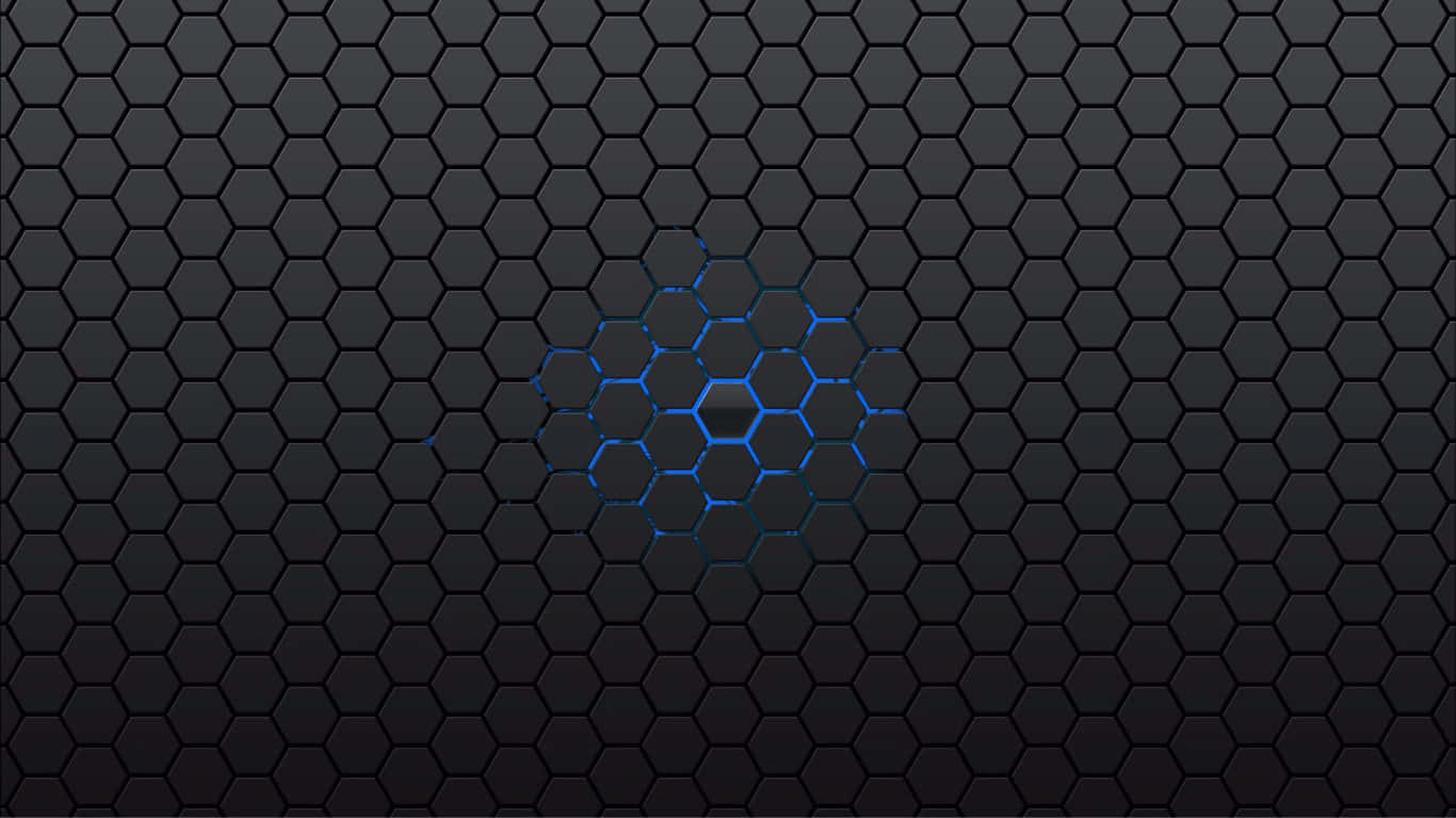 1366x768 Amoled 桌布 壁紙 — 深色六角形網格圖案，發光藍色六角形在紋理黑色背景上形成中央簇狀。