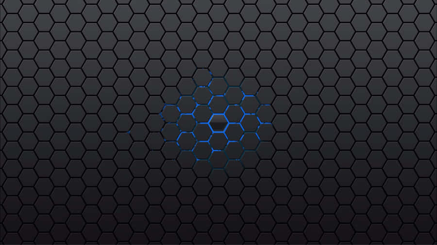 1366x768 Amoled 桌布 壁紙 — 深色六角形網格圖案，發光藍色六角形在霧面黑色背景上形成中央簇。