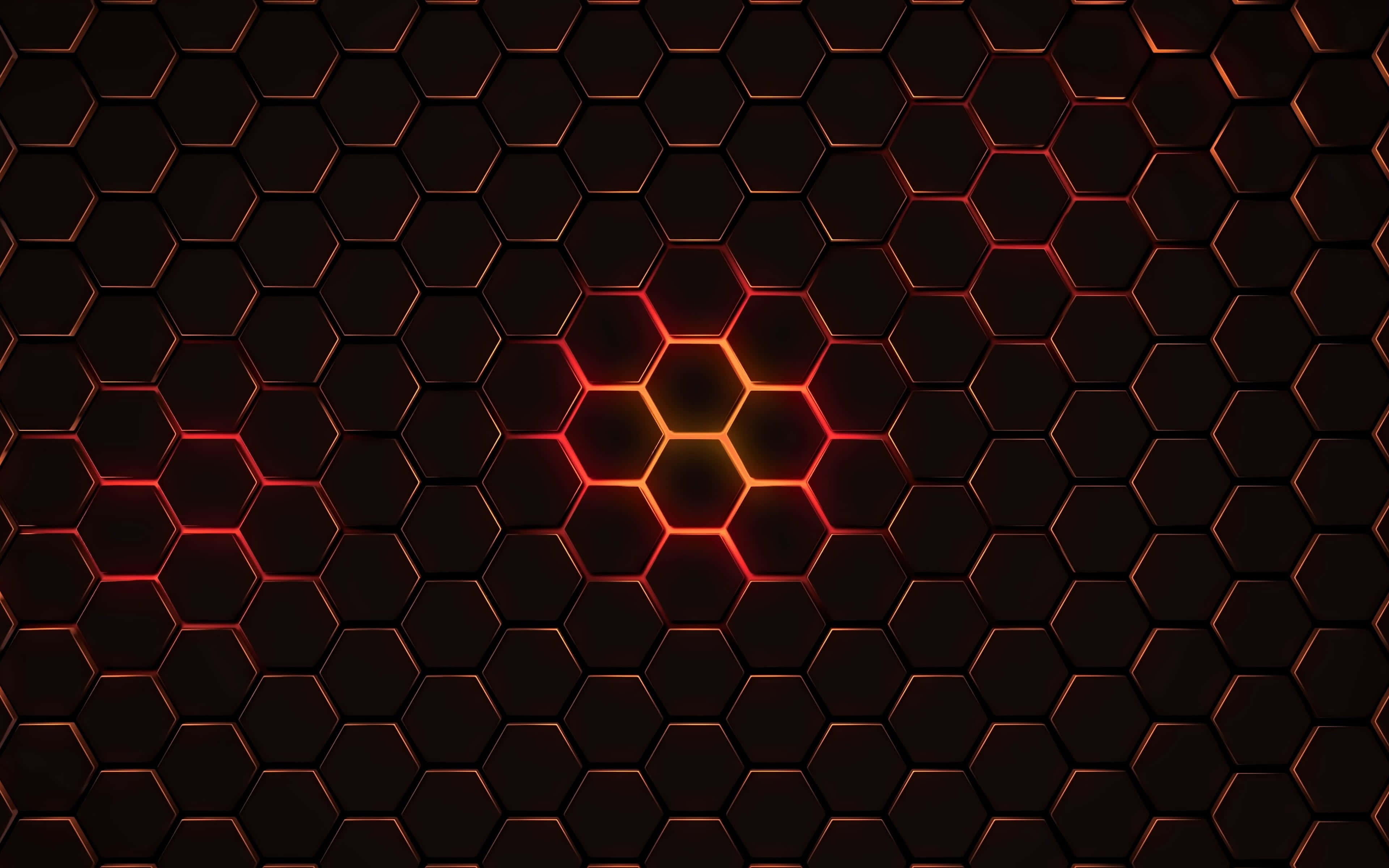 Geometric Shapes 桌布 壁紙 — 深色六邊形網格，帶有發光的橙紅色線條，形成中央照明圖案。