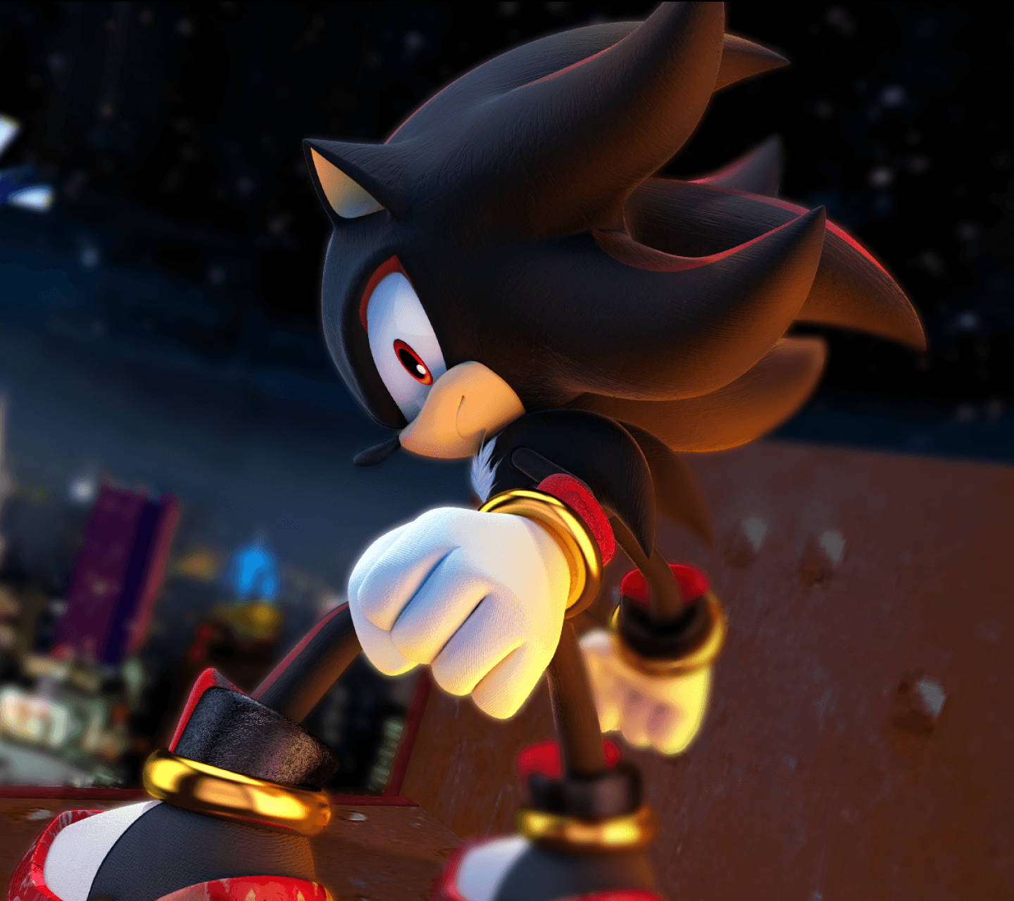 Shadow The Hedgehog 桌布 壁紙 — 深色刺蝟角色，紅眼睛和金色戒指，自信地站在星空夜景城市景觀前。