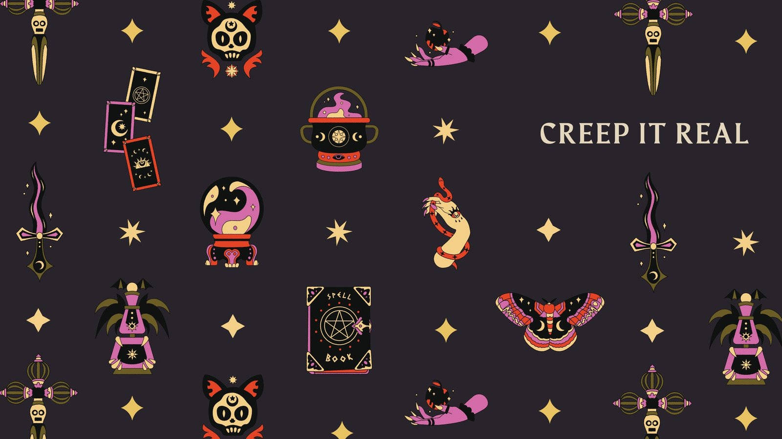 Spooky Season 桌布 壁紙 — 深色圖案壁紙，以鮮豔的粉紅色、金色和紫色在黑色背景上呈現異想天開的神秘符號，如骷髏頭、蝙蝠和咒語書。