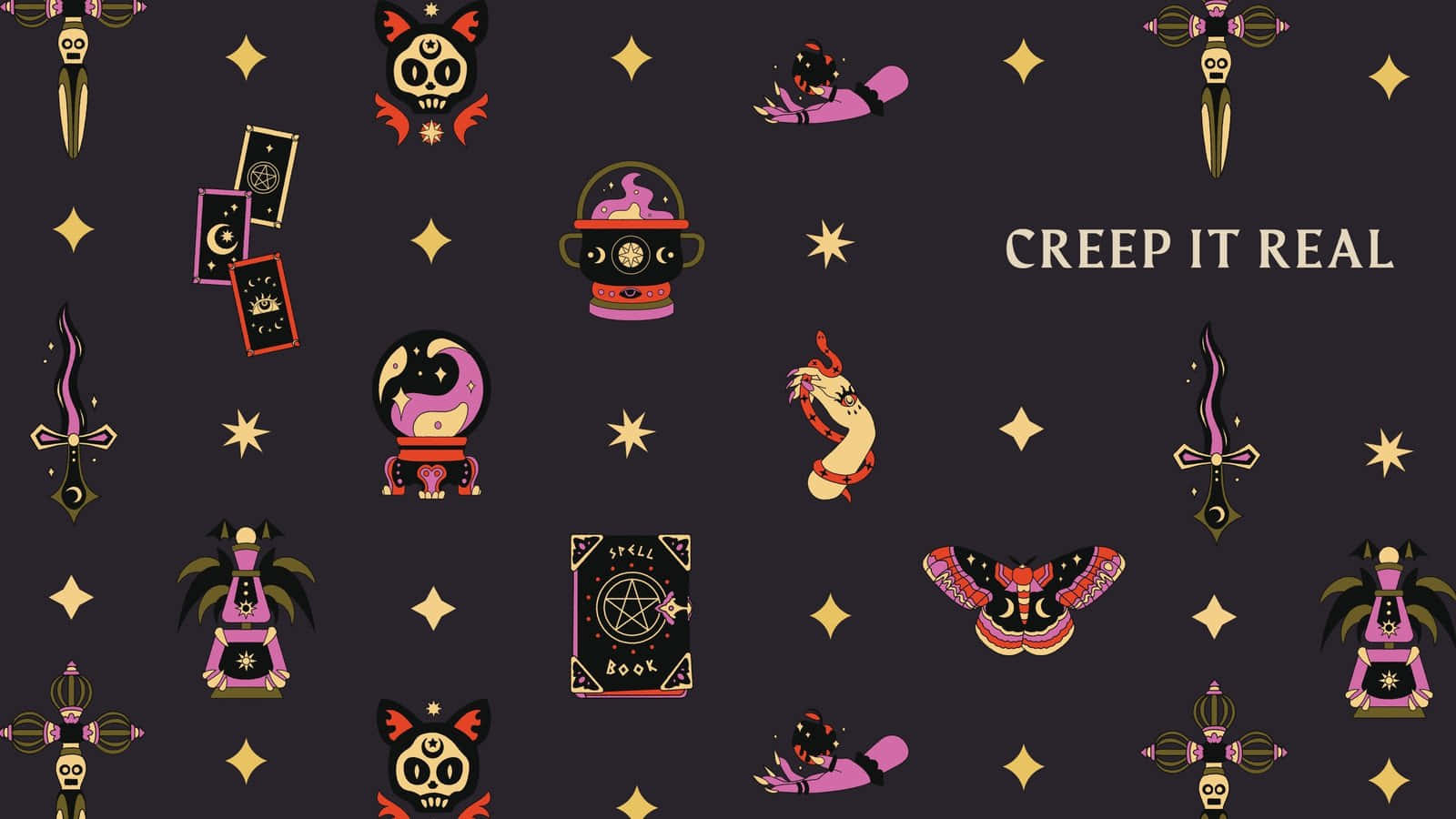 Creepy Aesthetic 桌布 壁紙 — 深色圖案壁紙，以鮮豔的粉紅色、金色和紫色在黑色背景上呈現異想天開的神秘符號，如頭骨、蝙蝠和咒語書。