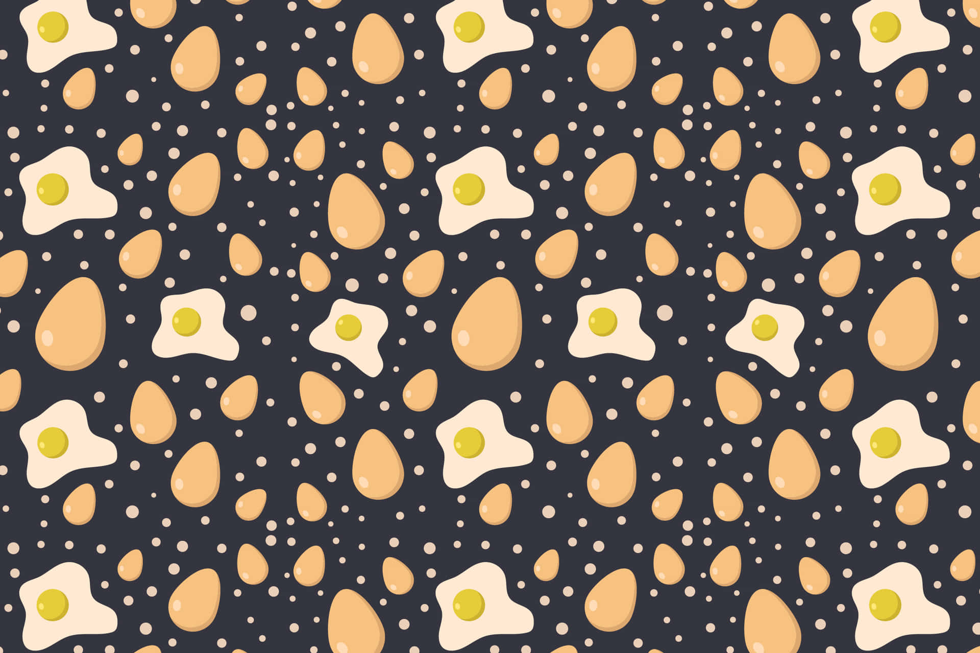 Fried egg pattern 壁紙 — 深色圖案壁紙，卡通煎蛋和蛋黃散落在小白點之間。