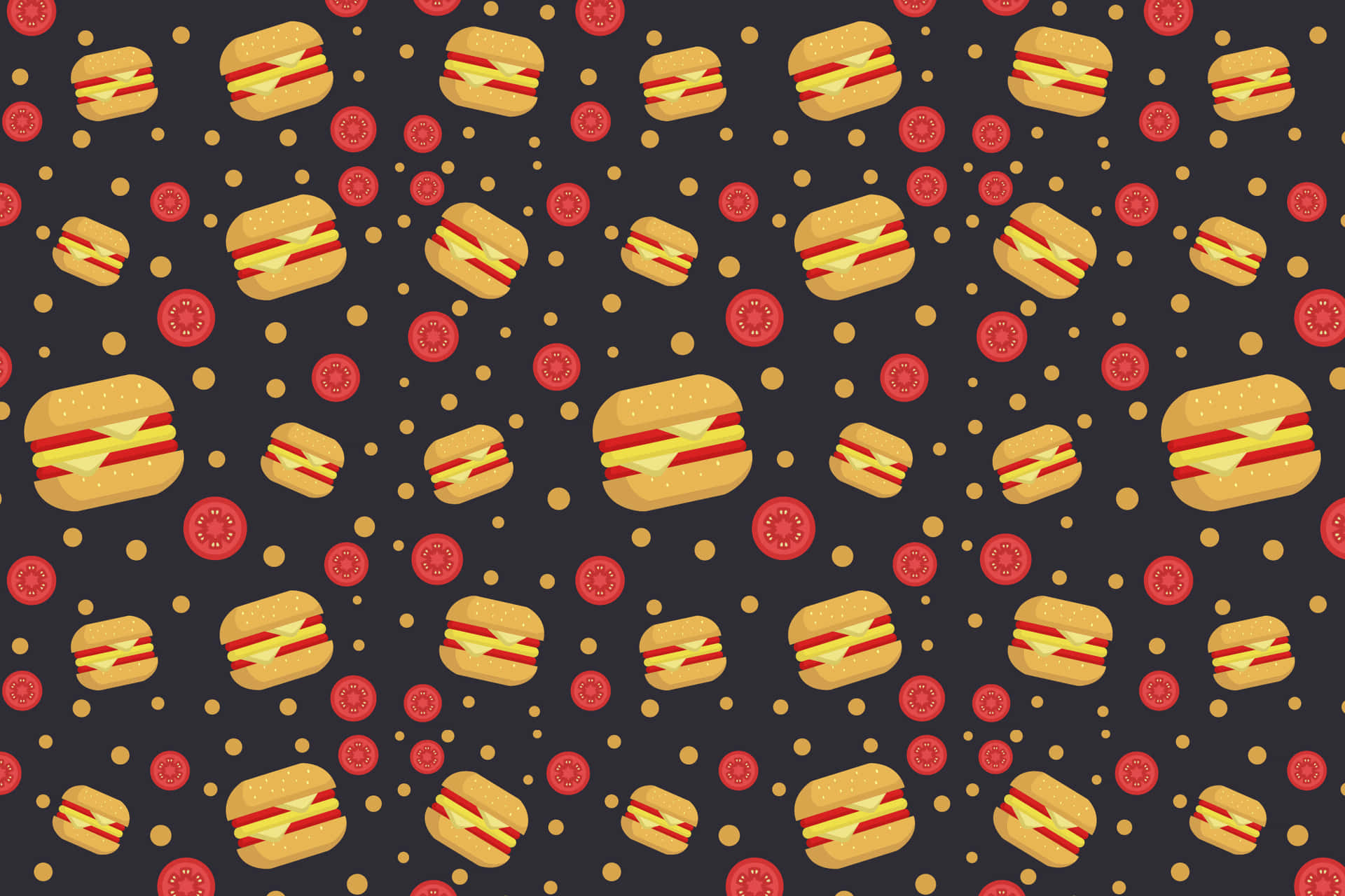 Sandwich Pattern 壁紙 — 深色圖案壁紙，重複出現卡通風格漢堡，配有起司和番茄片，周圍環繞金色圓點。