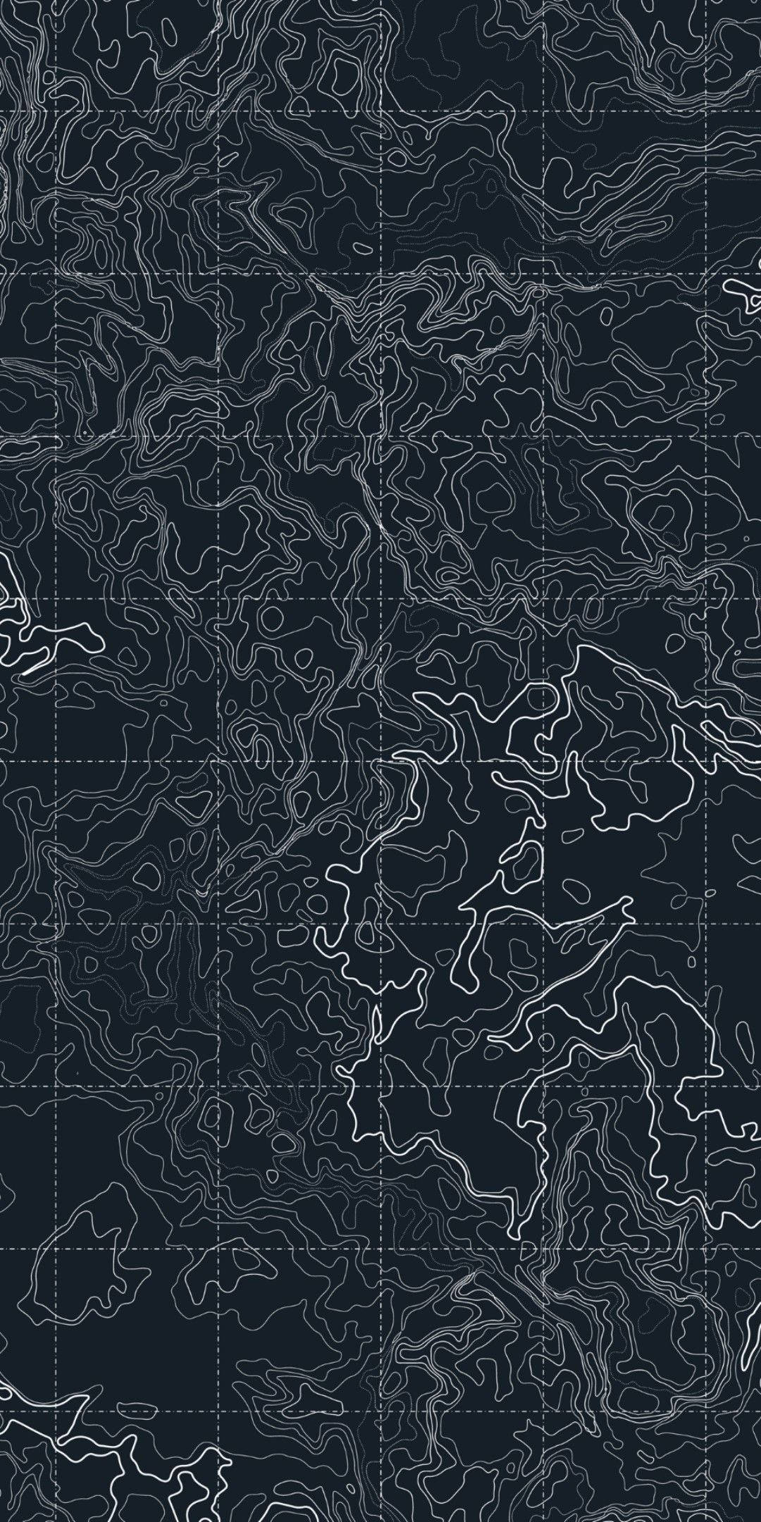 Topography 桌布 壁紙 — 深色地形圖帶有發光的白色等高線和網格疊加，營造出技術性和神秘的抽象設計。