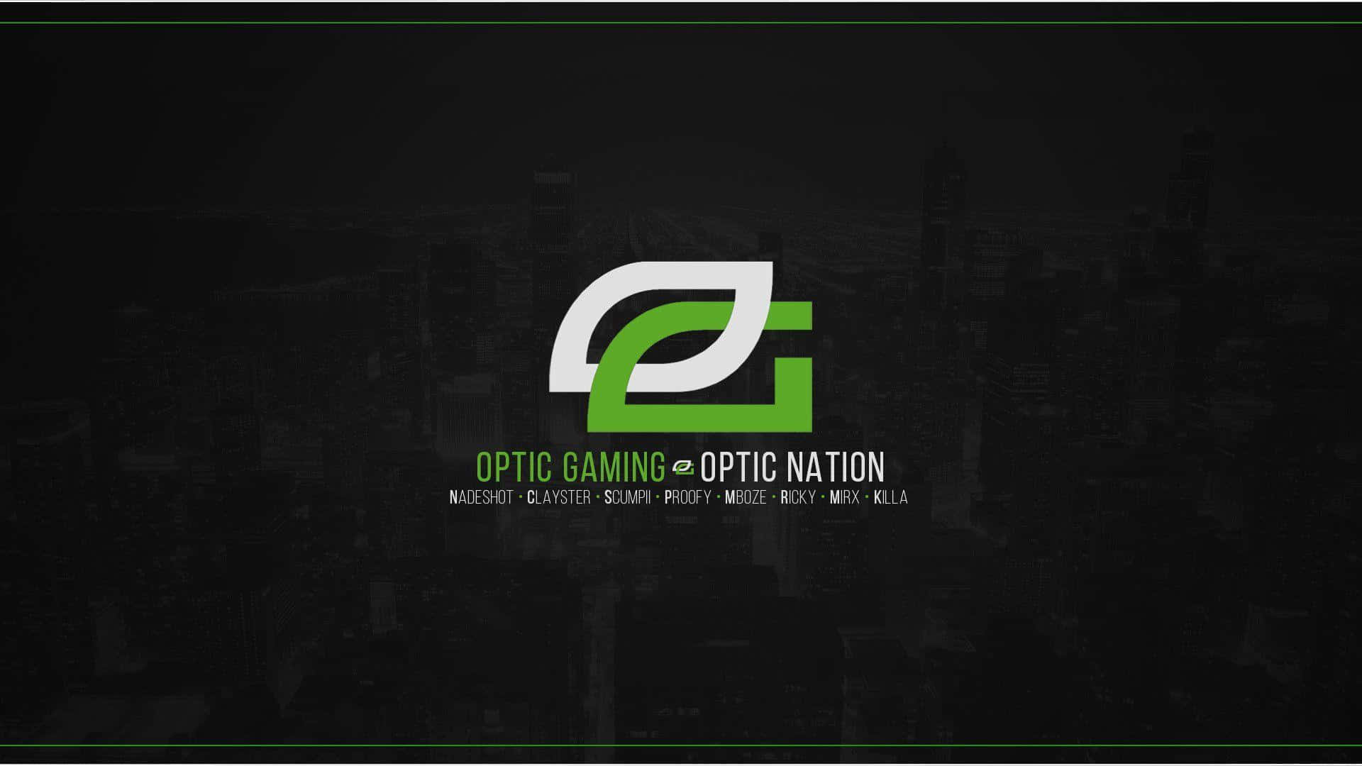 Optic Gaming 桌布 壁紙 — 深色城市天際線背景，帶有醒目的綠色和白色 Optic Gaming 標誌，下方有玩家名稱。