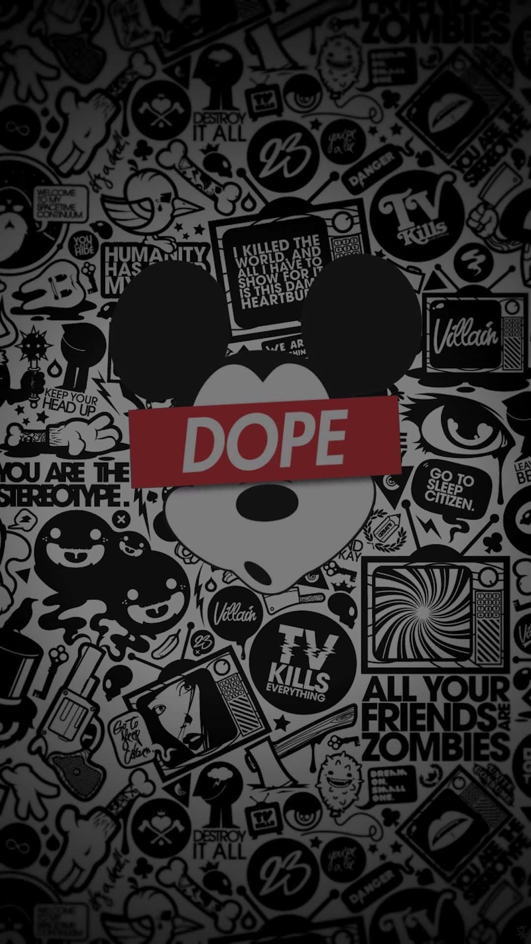 Dope Trippy 桌布 壁紙 — 深色壁紙，上面佈滿混亂的黑白貼紙，中央有一個米奇老鼠頭部，戴著紅色「DOPE」橫幅。