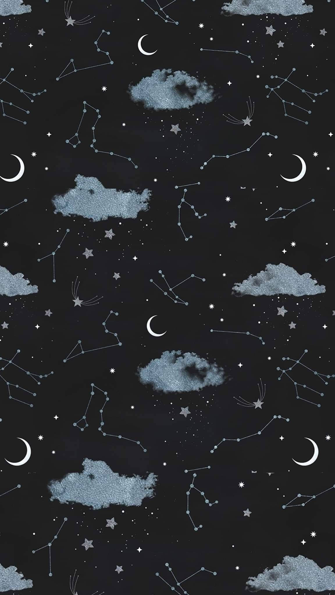 月亮與星星 桌布 壁紙 — 深色夜空桌布，帶有閃爍的星星、星座、新月和柔和的藍色雲朵散落在畫布上。