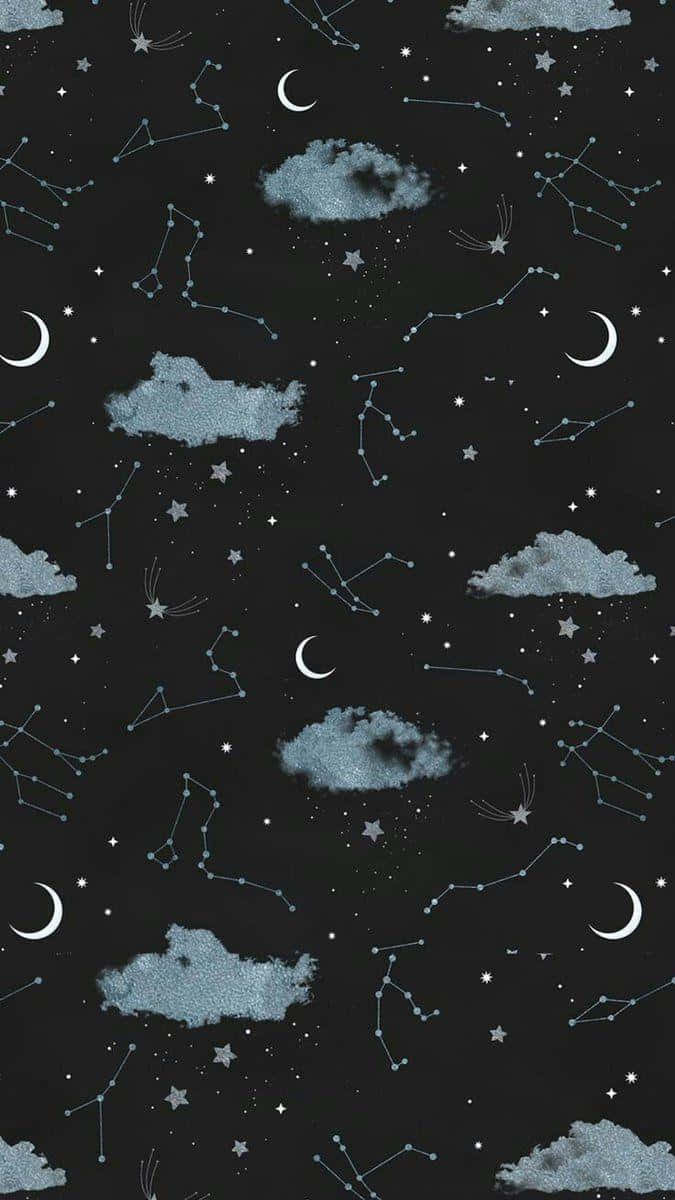 WhatsApp 聊天 桌布 壁紙 — 深色夜空桌布，散佈著新月、星星和柔和藍色雲朵，以發光星座勾勒出輪廓。