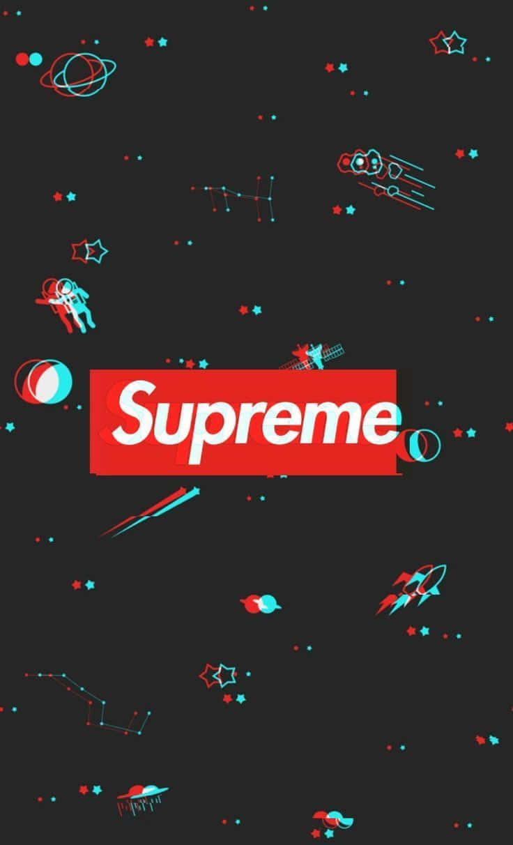 Supreme iPhone 桌布 壁紙 — 深色太空主題桌布，帶有紅色和青色宇宙元素及中央Supreme標誌。