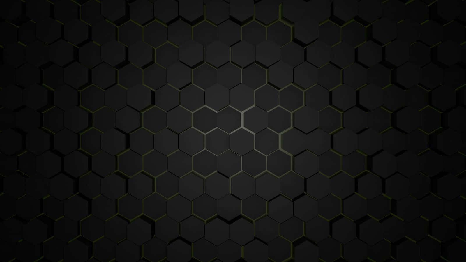 1600 X 900 Black 桌布 壁紙 — 深色幾何圖案壁紙，重複的六邊形帶有微弱的黃色發光接縫，營造出未來科技感。