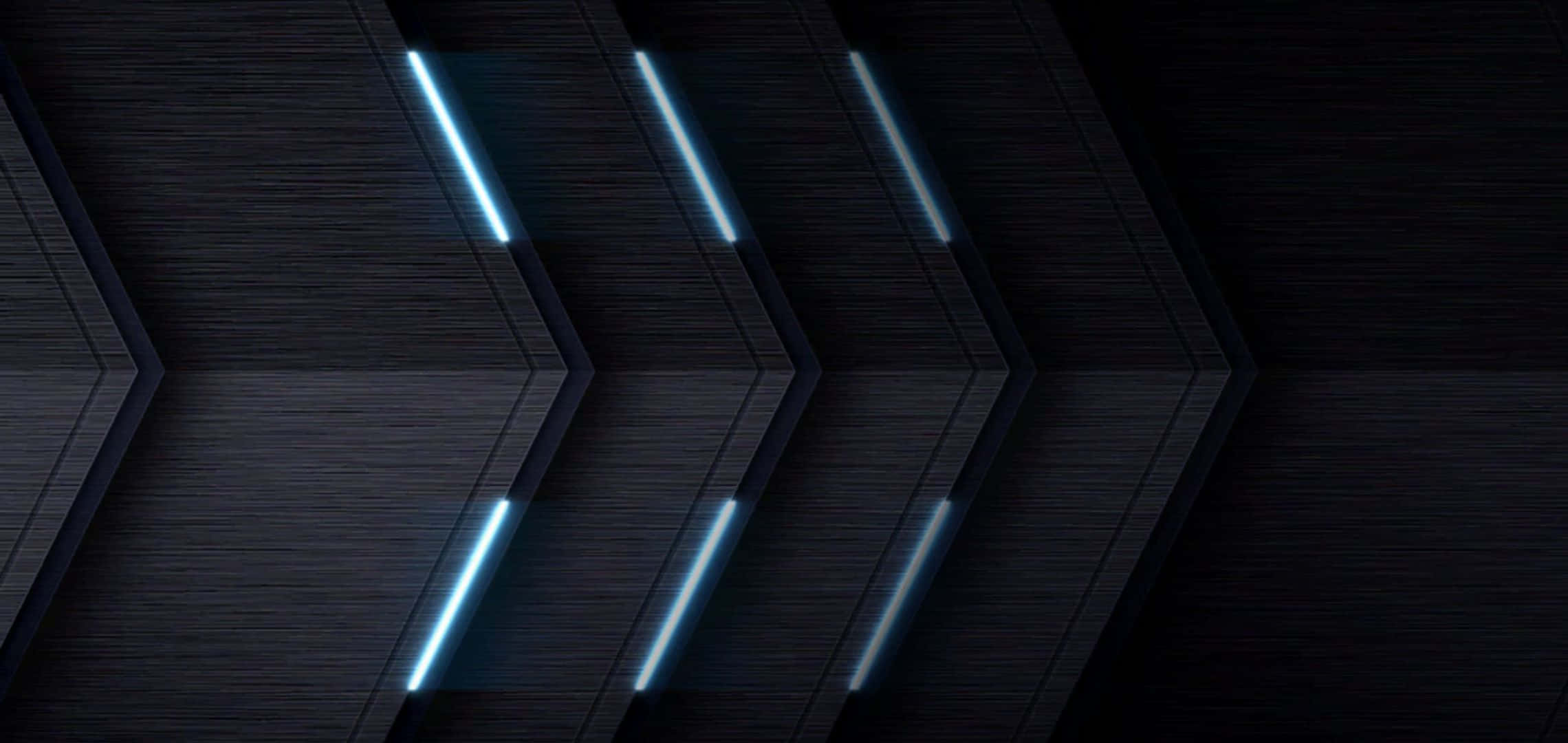 2280x1080 桌布 壁紙 — 深色幾何圖案面板搭配發光藍色霓虹線條，營造出未來科技走廊的氛圍。