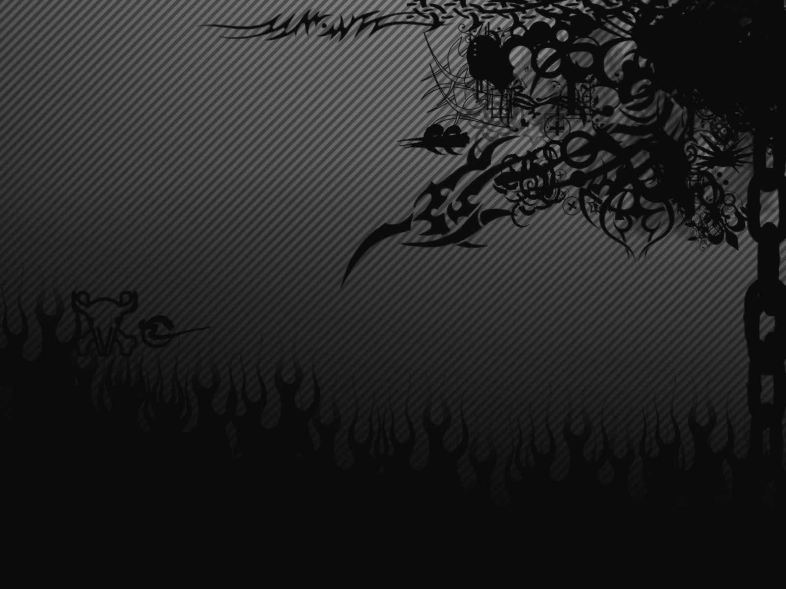 Dark Gradient 桌布 壁紙 — 深色抽象壁紙，黑色部落漩渦和尖刺圖案，搭配對角條紋灰色漸變背景。