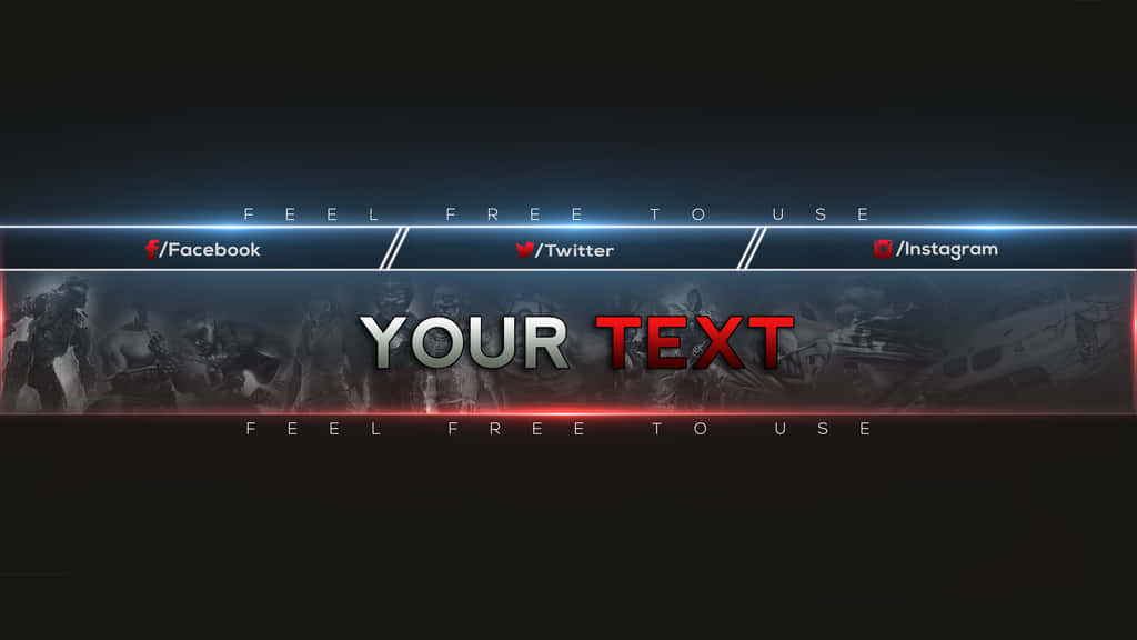 YouTube Banner Gaming 桌布 壁紙 — 深色數位橫幅，帶有發光的藍色和紅色線條，在粗糙背景上顯示社交媒體圖示和佔位文字。