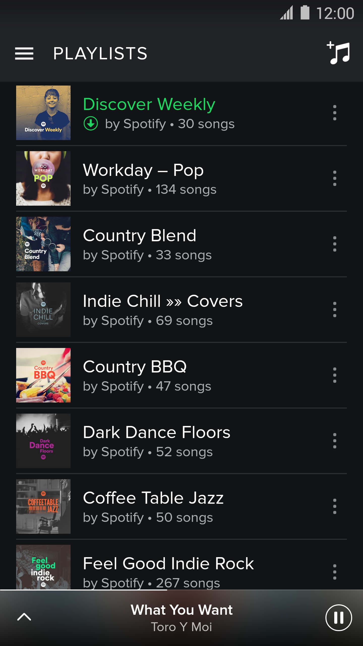 Screenshot 桌布 壁紙 — 深色智慧型手機螢幕顯示Spotify播放清單，附有專輯封面和歌曲數量，介面簡潔現代。