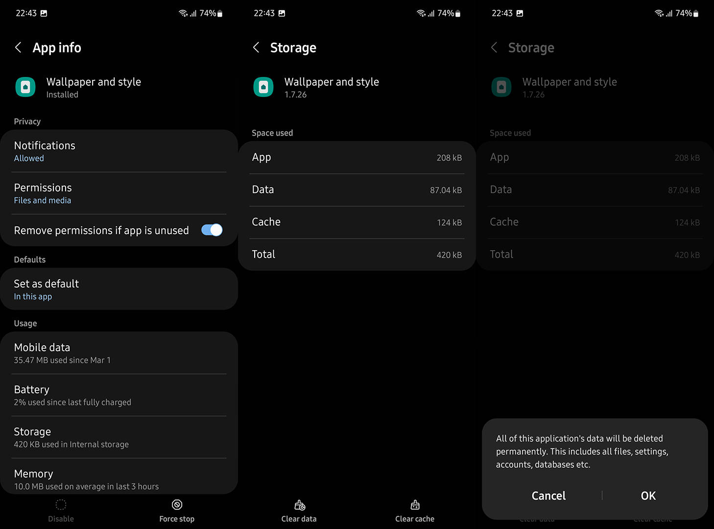 Code 桌布 壁紙 — 深色智慧型手機設定畫面，顯示應用程式資訊儲存詳細資料，並附有刪除確認對話框。