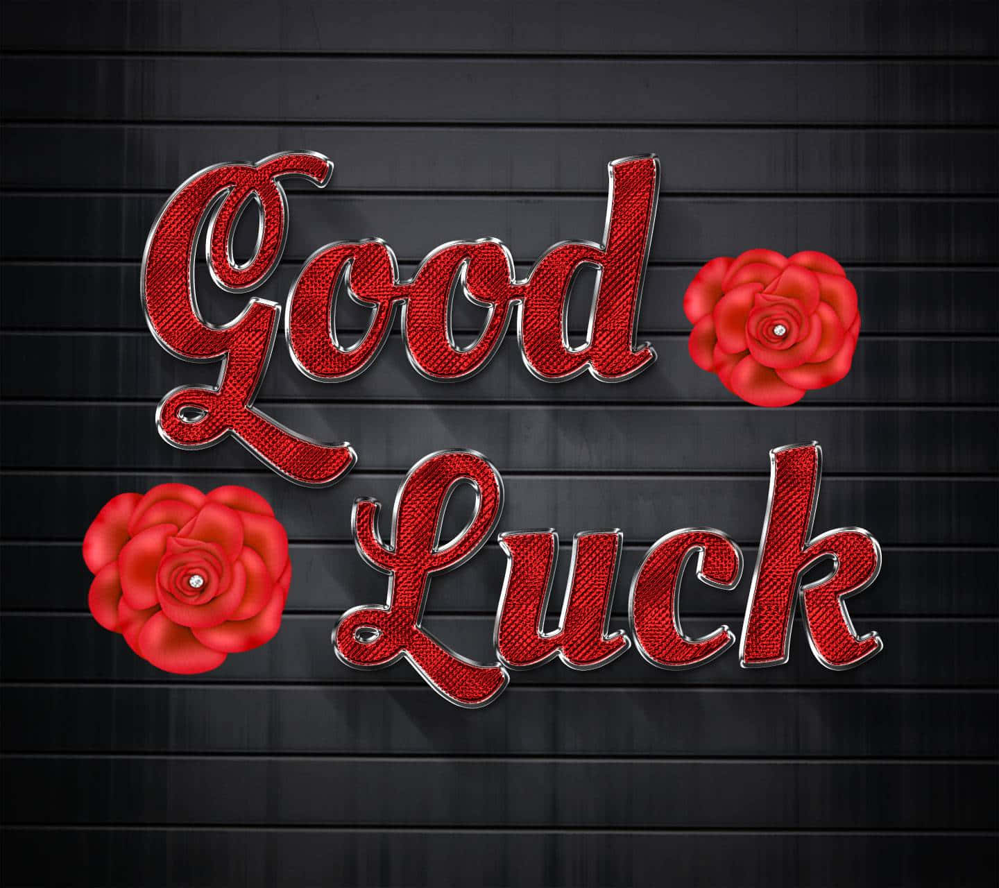 Good Luck 桌布 壁紙 — 深色木板上帶有玫瑰的閃亮紅色「好運」文字。