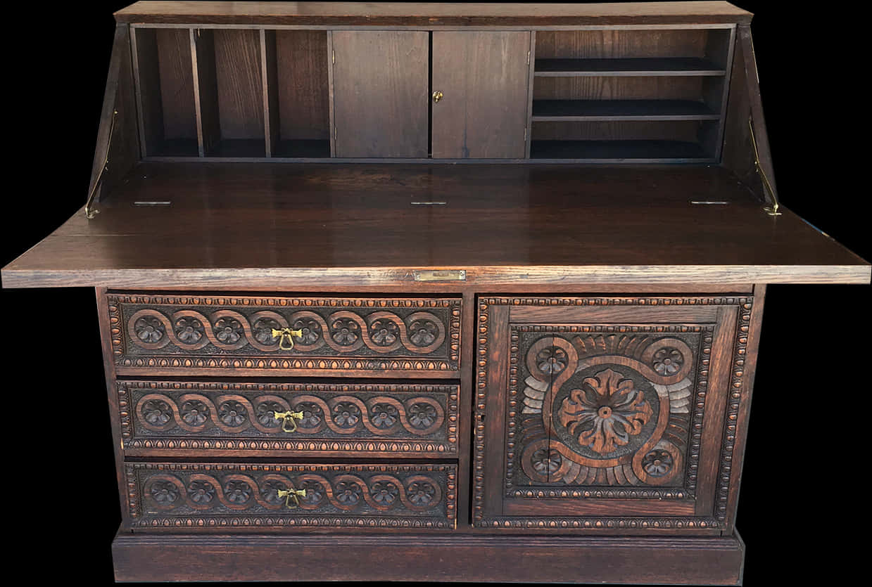 Furniture 桌布 壁紙 — 深色木製秘書桌，帶有華麗雕刻、黃銅五金件，頂部打開露出層架和櫃子。