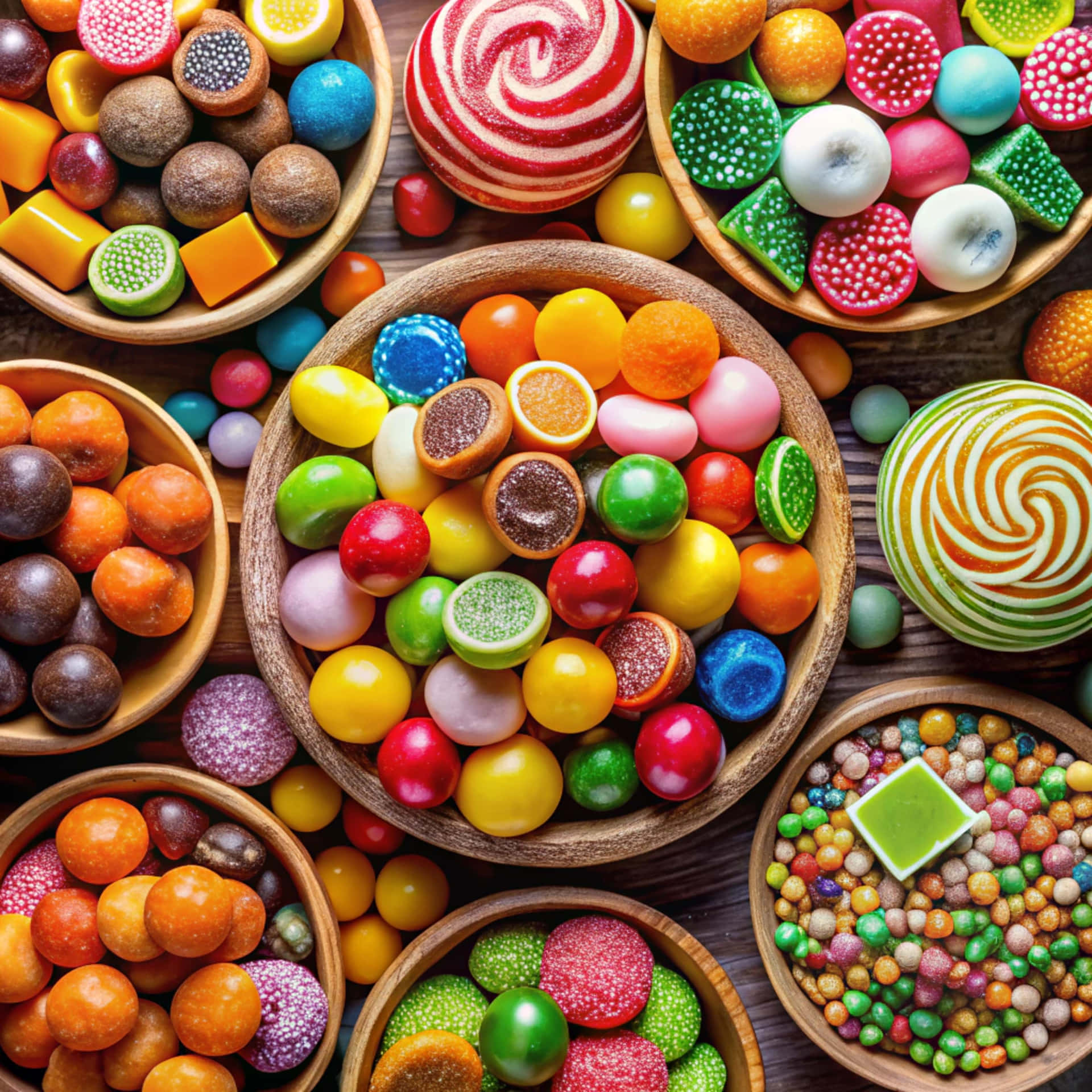 Top view of delicious candies 壁紙 — 深色木質表面上木碗中各種色彩繽紛糖果的鮮明俯視圖。