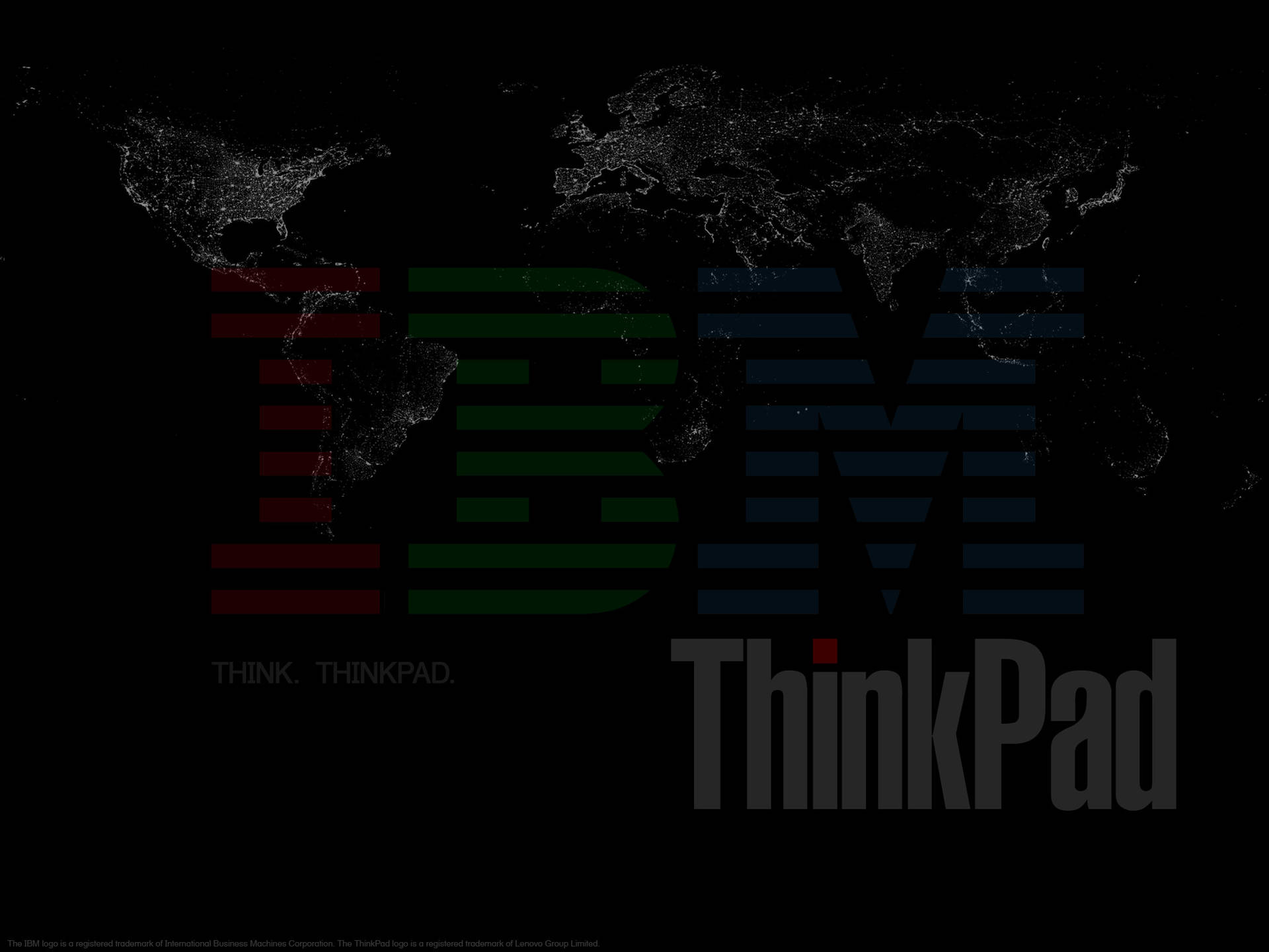 聯想高畫質桌布 桌布 壁紙 — 深色桌布，帶有IBM ThinkPad標誌和背後發光的世界地圖。
