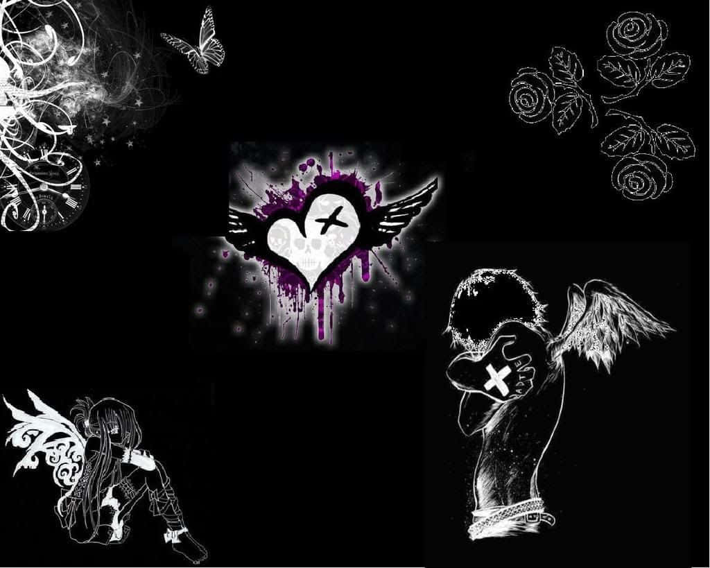 Dark Emo 桌布 壁紙 — 深色桌布，黑色背景上有白色線條天使、流血的心臟、玫瑰和蝴蝶。