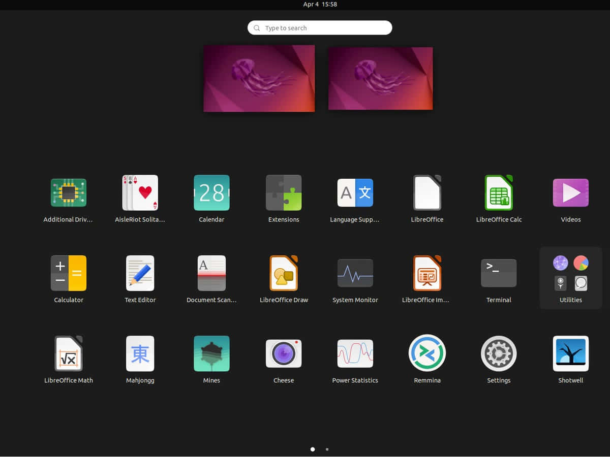 ubuntu 桌布 壁紙 — 深色桌面介面，帶有應用程式圖示和兩個紫色水母壁紙縮圖。