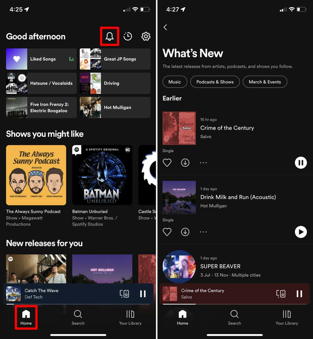 song 桌布 壁紙 — 深色模式 Spotify 應用程式介面，顯示主畫面，包含音樂和播客推薦以及「最新動態」動態消息。