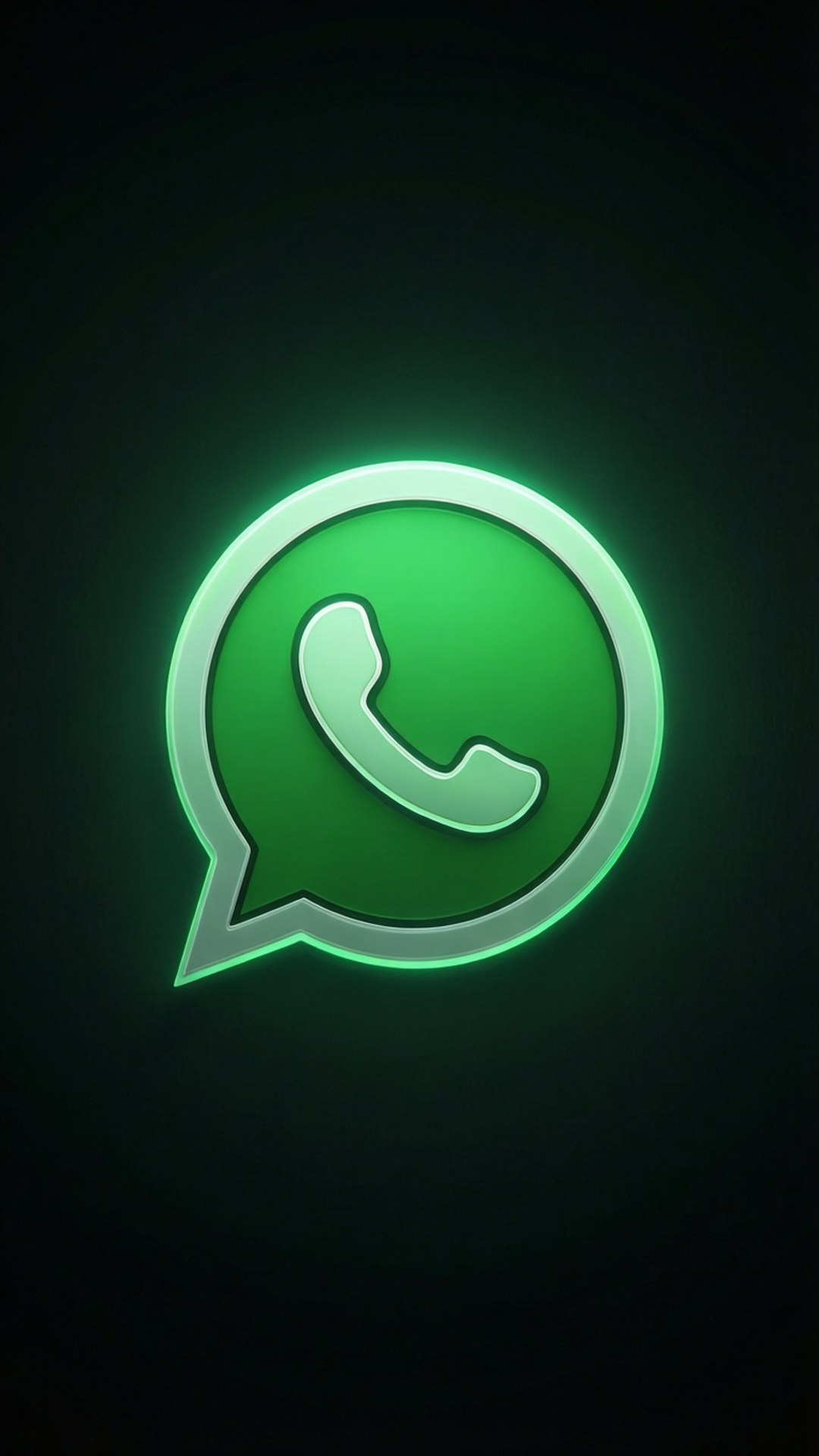 深色模式图标 壁紙 — 一個發光的綠色WhatsApp標誌，中央有一個電話圖標，位於深色背景上。