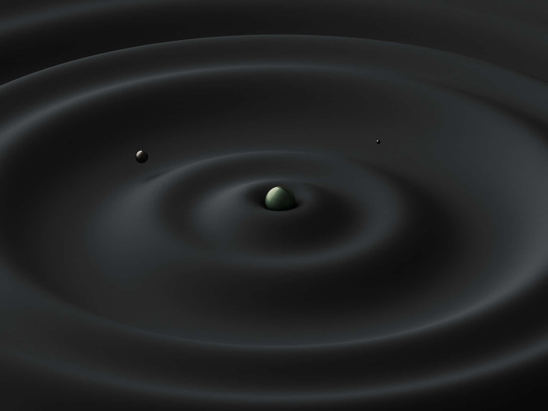 Gravitational Waves 桌布 壁紙 — 深色液體表面從中央綠色球體向外擴散漣漪，附近漂浮著兩個較小的球體。