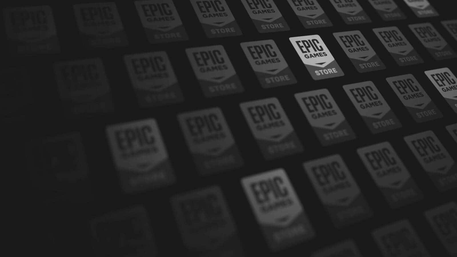 1600 X 900 Black 桌布 壁紙 — 深色漸變背景，重複的Epic Games Store標誌以不同焦距呈現，形成數位網格效果。