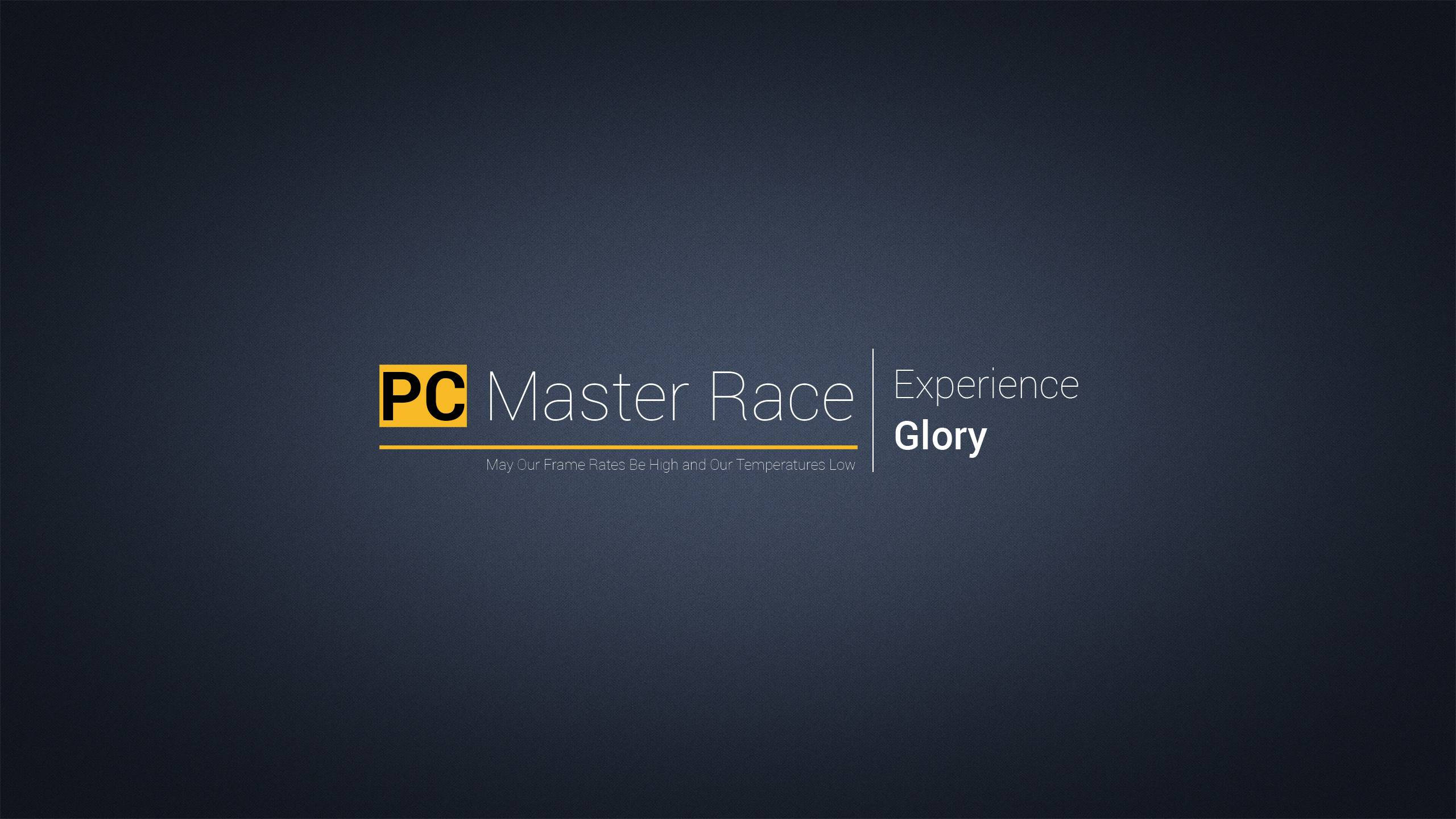 meme 桌布 壁紙 — 深色漸變背景上展示PC Master Race標誌，配有黃色和白色文字，以及關於高幀率和低溫度的標語。