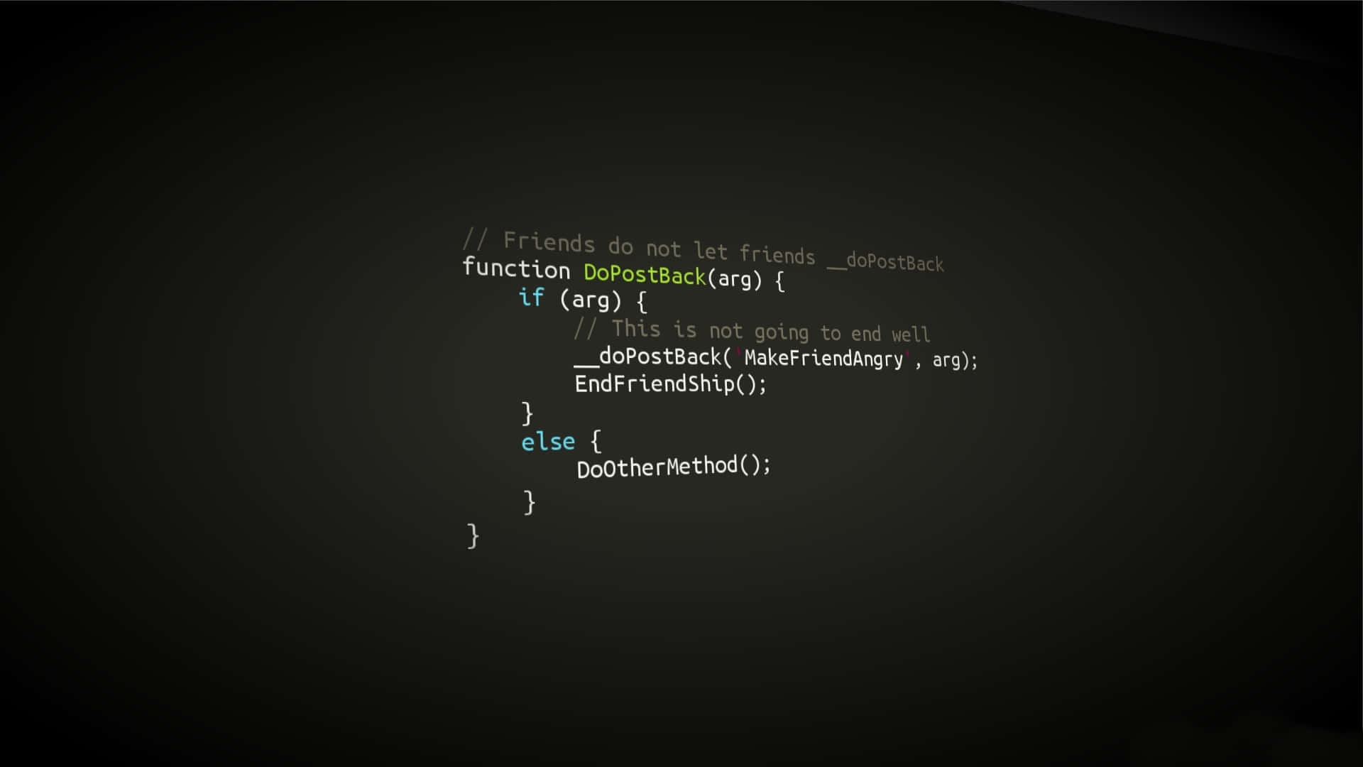 程式碼 桌布 壁紙 — 深色漸變背景上帶有發光的語法高亮 JavaScript 代碼，顯示一個幽默的友誼終結函數。