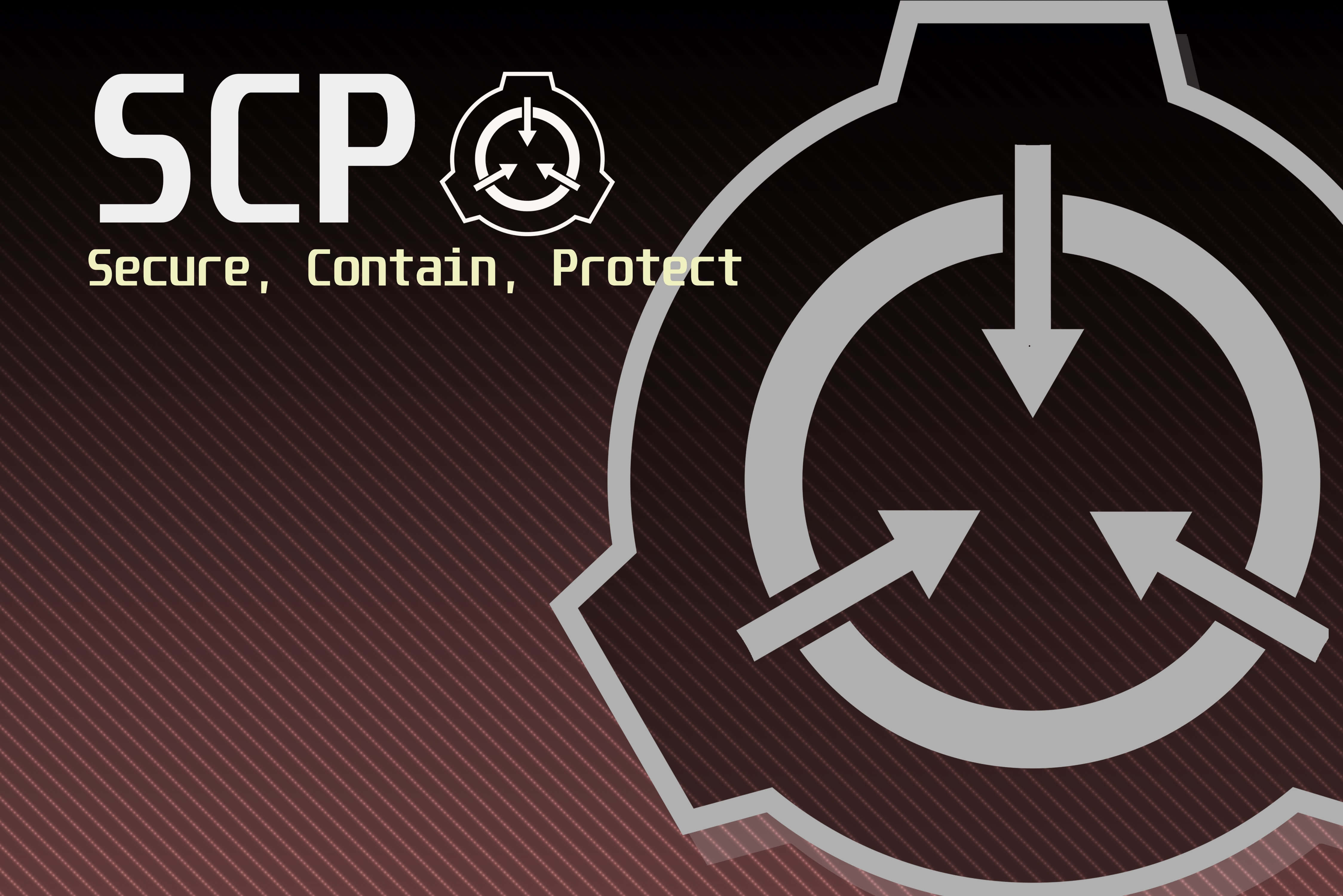 SCP 桌布 壁紙 — 深色漸變背景上顯示SCP基金會標誌，帶有其標誌性的齒輪符號和粗體白色與黃色的文字Secure Contain Protect。